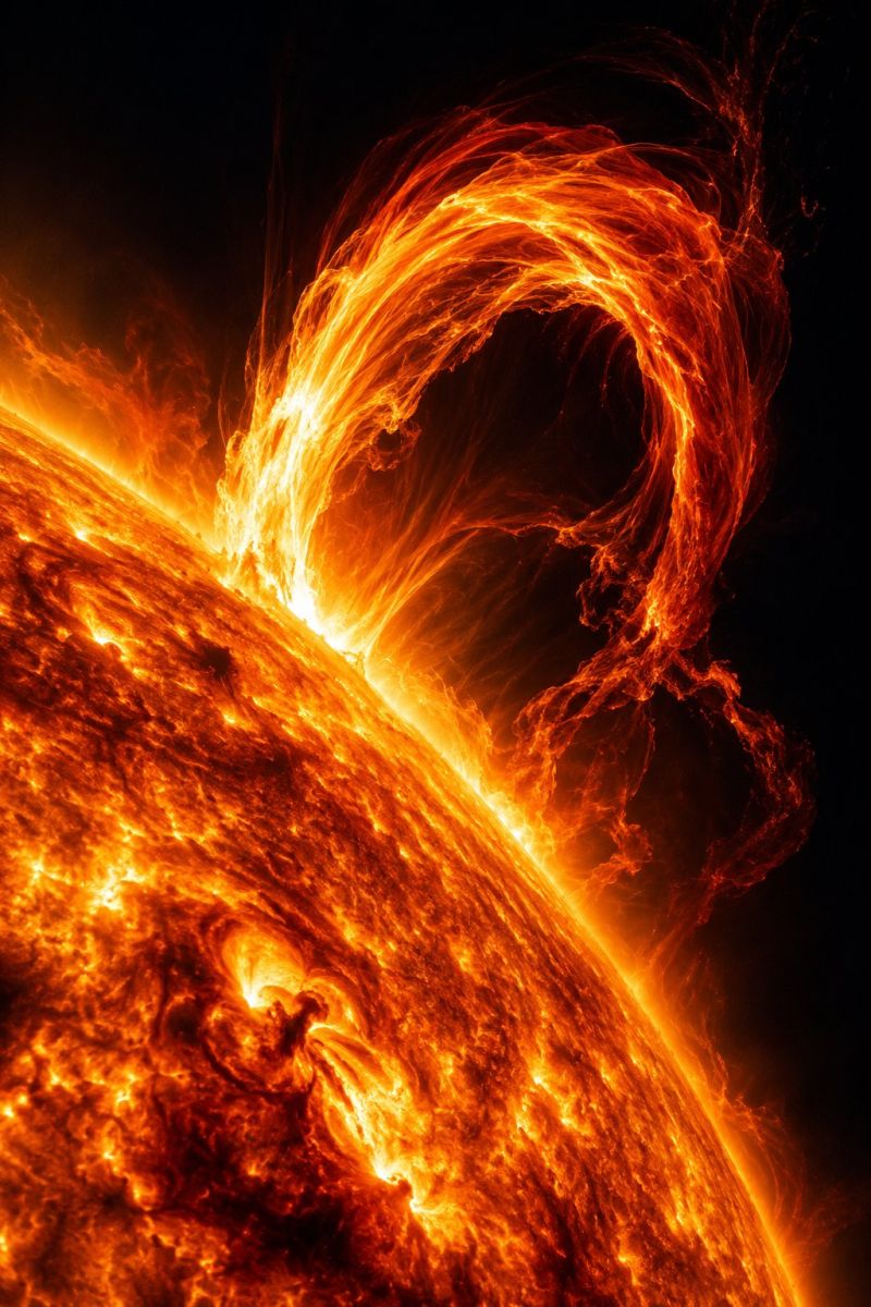 Sun solar fire heat energy power plant station generation supply grid outage failure consumption efficiency management system technology industry fiery, glowing sphere, likely the Sun, with intense, swirling flames and fiery tendrils extending outward. The surface of the sphere is a mix of bright yellow and orange hues, with darker, almost black areas interspersed. The flames are dynamic, with some parts appearing to curl and twist, creating a sense of movement and energy. The background is dark, emphasizing the bright, fiery nature of the Sun.