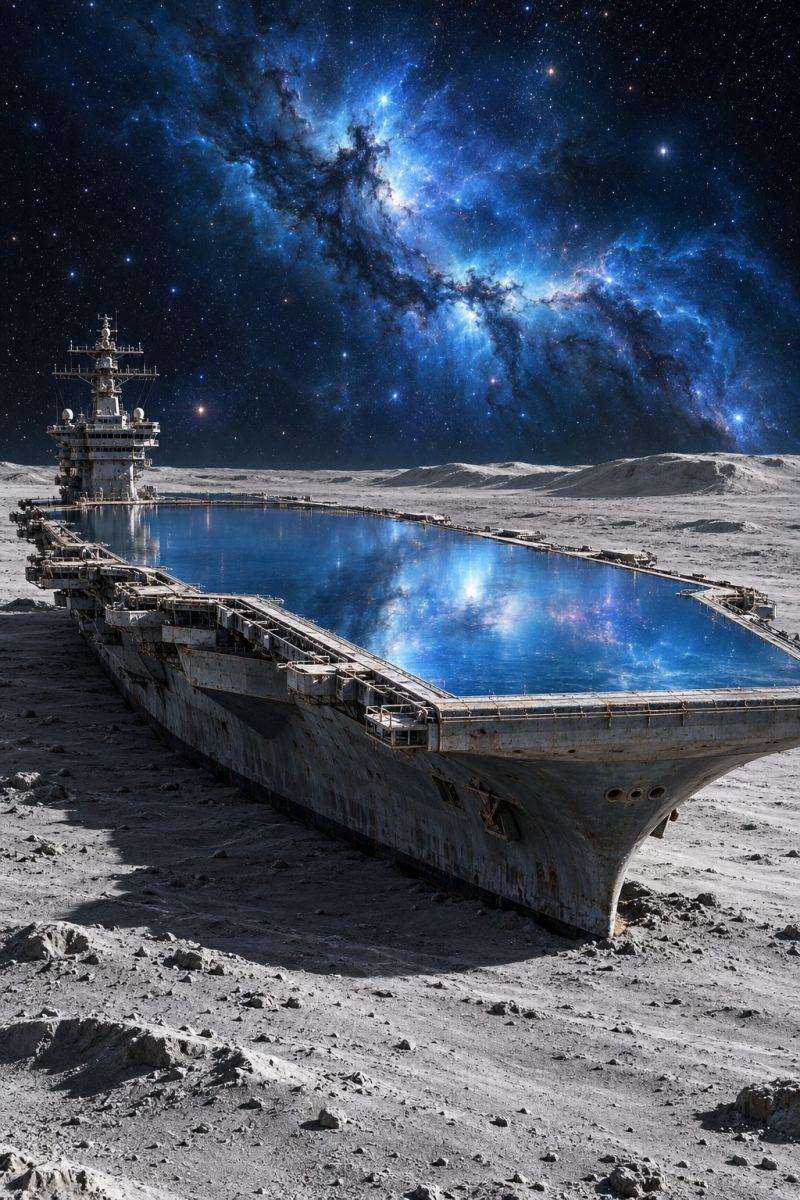 Spaceship moon space galaxy star night universe sky starship spacecraft travel outer exploration station shuttle flight odyssey adventure mission tech An old, large aircraft carrier is resting on the moon's surface. The carrier has a large, rectangular pool of water on its deck, reflecting the starry sky above. The sky is filled with stars and a galaxy, creating a surreal and otherworldly atmosphere. The carrier's deck is covered in small rocks and dust, and its structure appears aged and weathered. The carrier's bow is pointing towards the viewer, and its stern is facing away from the camera.