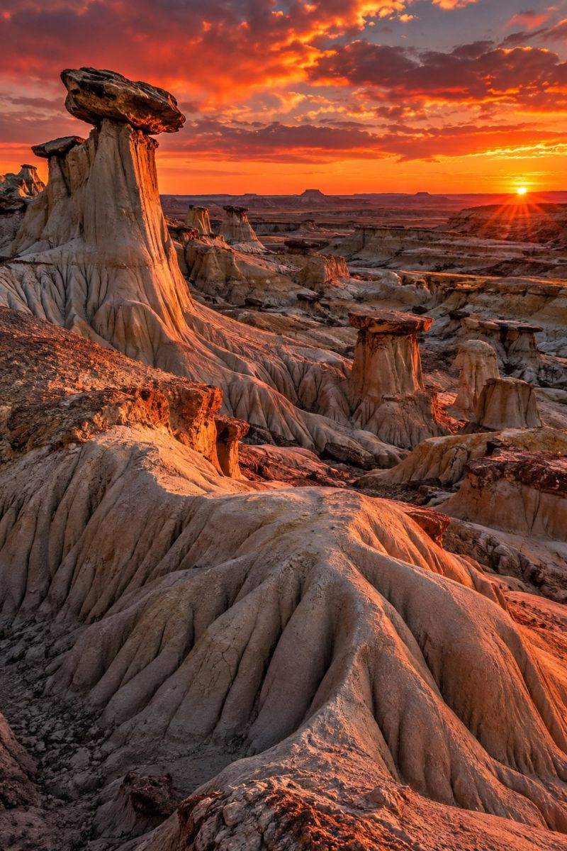 Desert sunset sunrise rock rocks rocky formation terrain cliff side edge wall surface structure texture The image captures a stunning desert landscape at sunset. The sky is a deep orange and pink gradient, with the sun setting on the horizon, casting a warm glow over the scene. The foreground features a series of unique, mushroom-like rock formations, their surfaces etched with intricate patterns and shadows. These formations are surrounded by a vast expanse of eroded, wavy terrain, with layers of rock and sand stretching into the distance. The overall scene is bathed in a soft, golden light, highlighting the textures and contours of the landscape.