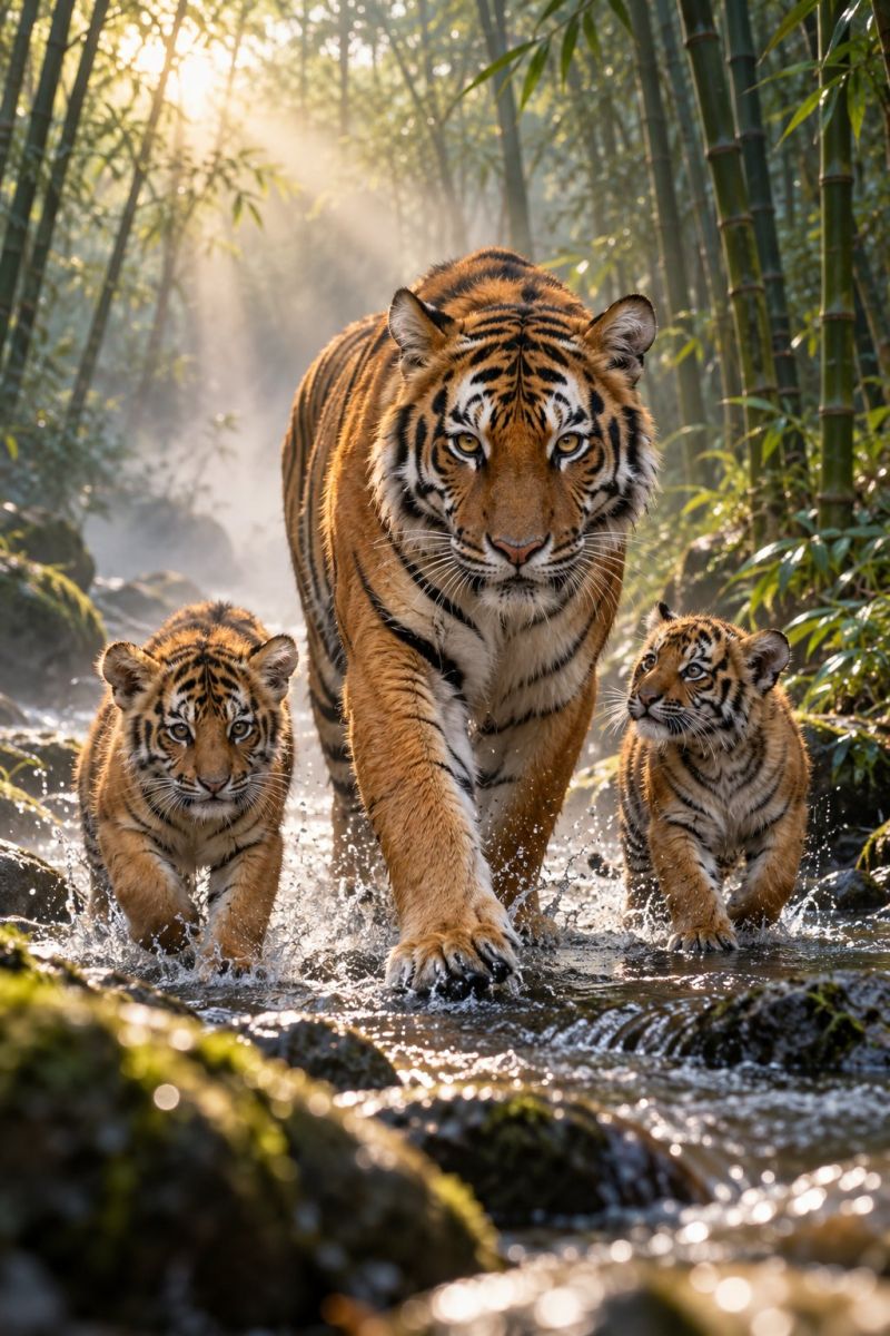 Tiger cubs wildlife nature forest bamboo sunlight water stream rocks moss predator mammal endangered conservation habitat jungle animal family In a serene forest, a majestic tiger with a powerful build and striking black stripes walks confidently through a shallow stream. The tiger's gaze is intense, and it leads two smaller, playful tiger cubs. The cubs, with similar striped patterns but smaller in size, follow closely behind their mother, splashing water as they move. The forest is lush with tall bamboo plants and other greenery, and sunlight filters through the trees, casting a warm glow on the scene.