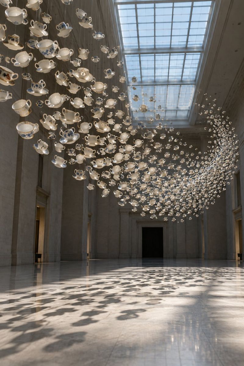 Ces termes architecture plafond design affichage exposition galerie verre installation interieur moderne musee reflexion ombre espace structure textur Un grand espace ouvert avec un plafond haut. Suspendue au plafond se trouve une grande installation composée de nombreuses tasses à thé et soucoupes, toutes conçues avec des motifs floraux complexes. Ces tasses et soucoupes sont disposées de manière à sembler flotter dans les airs, créant un effet dynamique et visuellement saisissant. L'installation est éclairée par la lumière naturelle qui passe à travers un plafond en verre, projetant des ombres et des reflets sur le sol poli en dessous. La pièce est par ailleurs vide, avec quelques piliers visibles en arrière-plan, et l'atmosphère générale est sereine et artistique.