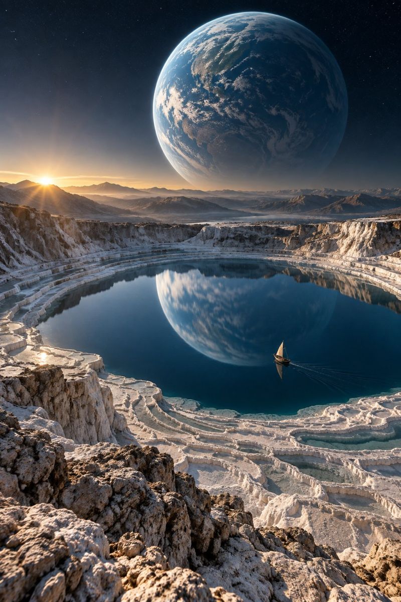 Planete lac eau bateau reflet ciel soleil montagne roche nature mer horizon nuages lever coucher espace terre paysage serein et surnaturel. Au premier plan, il y a un grand lac circulaire aux eaux cristallines, reflétant la Terre vaste et détaillée au-dessus. La Terre apparaît comme une grande sphère rougeoyante, avec des continents visibles, des nuages et un soupçon de rayons du soleil. Le lac est entouré d'un terrain rocheux et blanc, avec des motifs et des formations complexes. Un petit voilier glisse sur l'eau, ajoutant une sensation d'échelle et de tranquillité. Le ciel est d'un bleu profond, parsemé d'étoiles, et le soleil se couche à l'horizon, projetant une lueur chaude et dorée sur la scène.