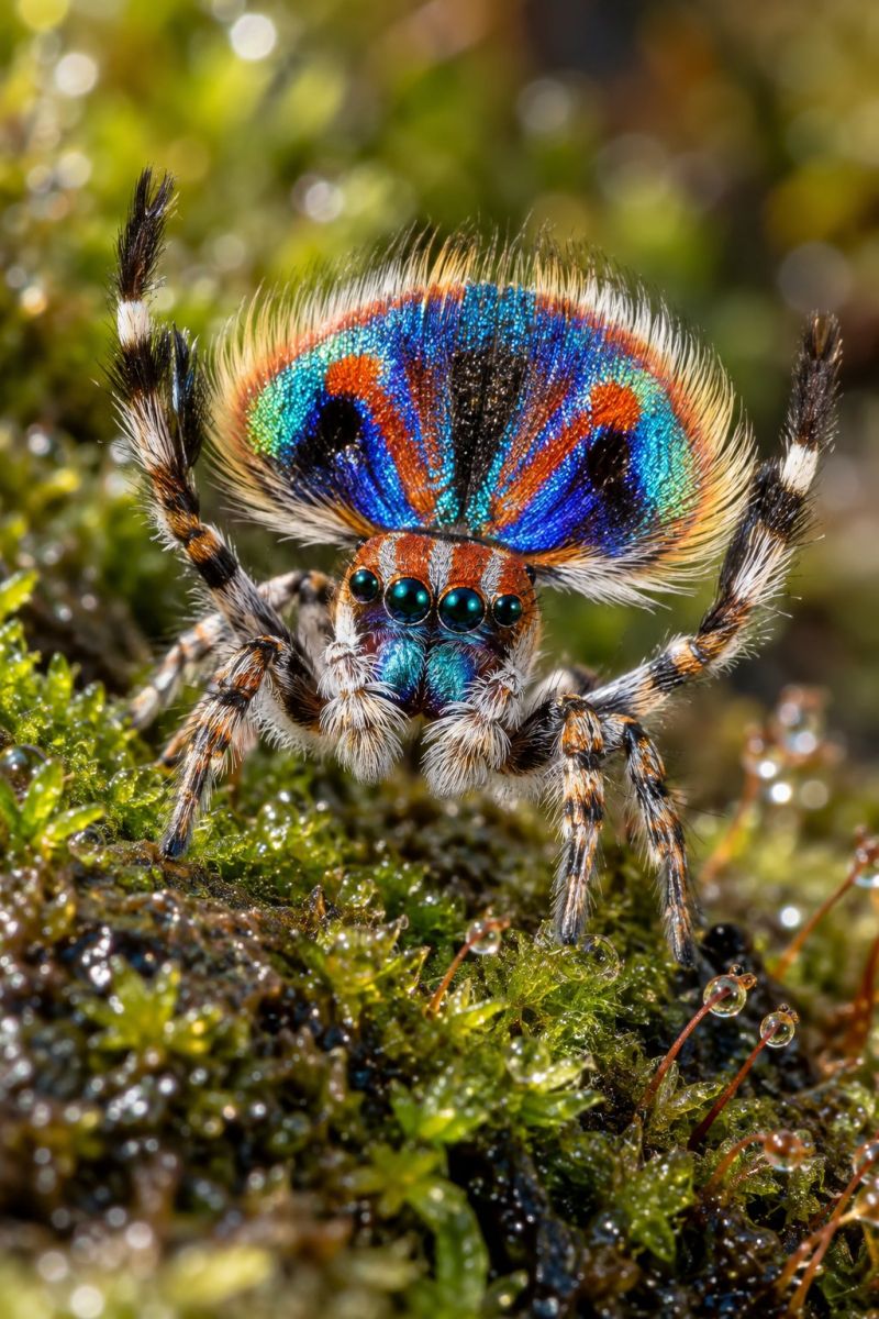 Spider insect animal nature wildlife macro green moss water rain rainy wet droplet A close-up of a vibrant, colorful peacock spider with a striking pattern on its back. The spider's body is adorned with a mix of blue, orange, and red hues, creating a beautiful and intricate design. Its head is small and round, with large, expressive eyes that are a deep green color. The spider's legs are long and thin, with white and black stripes. The background is a mix of green and brown, with some water droplets and small plants visible.