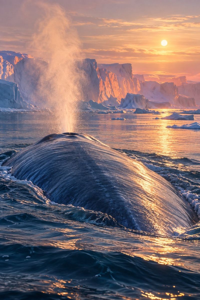 Baleine ocean eau iceberg coucher soleil ciel nuages glacier nature faune mammifere mer glace polaire arctique antarctique embruns Une grande baleine bleue perce la surface de l'océan et projette de l'eau dans l'air. Le corps de la baleine est partiellement submergé et sa nageoire caudale est visible. L'océan est calme, avec de douces vagues. À l'arrière-plan, des icebergs flottent dans l'eau et le ciel est un mélange de teintes orange et rose, indiquant le coucher du soleil. Le soleil se couche à l'horizon, projetant une lueur chaude sur la scène.