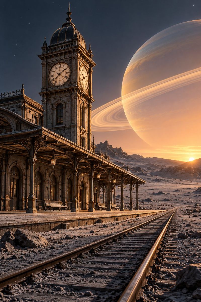 Planete espace coucher soleil architecture batiment ciel astronomie train gare horloge tour Une gare à l'ancienne avec une tour de l'horloge se dresse sur un quai désolé. La gare présente un style architectural classique avec des fenêtres cintrées et un toit en tuiles. Des bancs sont placés le long de la plate-forme et des lampadaires sont installés sur le bord de la plate-forme. La station est entourée d'un paysage aride parsemé de rochers épars et d'une chaîne de montagnes lointaine. Dans le ciel, une grande planète avec des anneaux est visible et le soleil se couche à l'horizon, projetant une lueur chaude sur la scène.