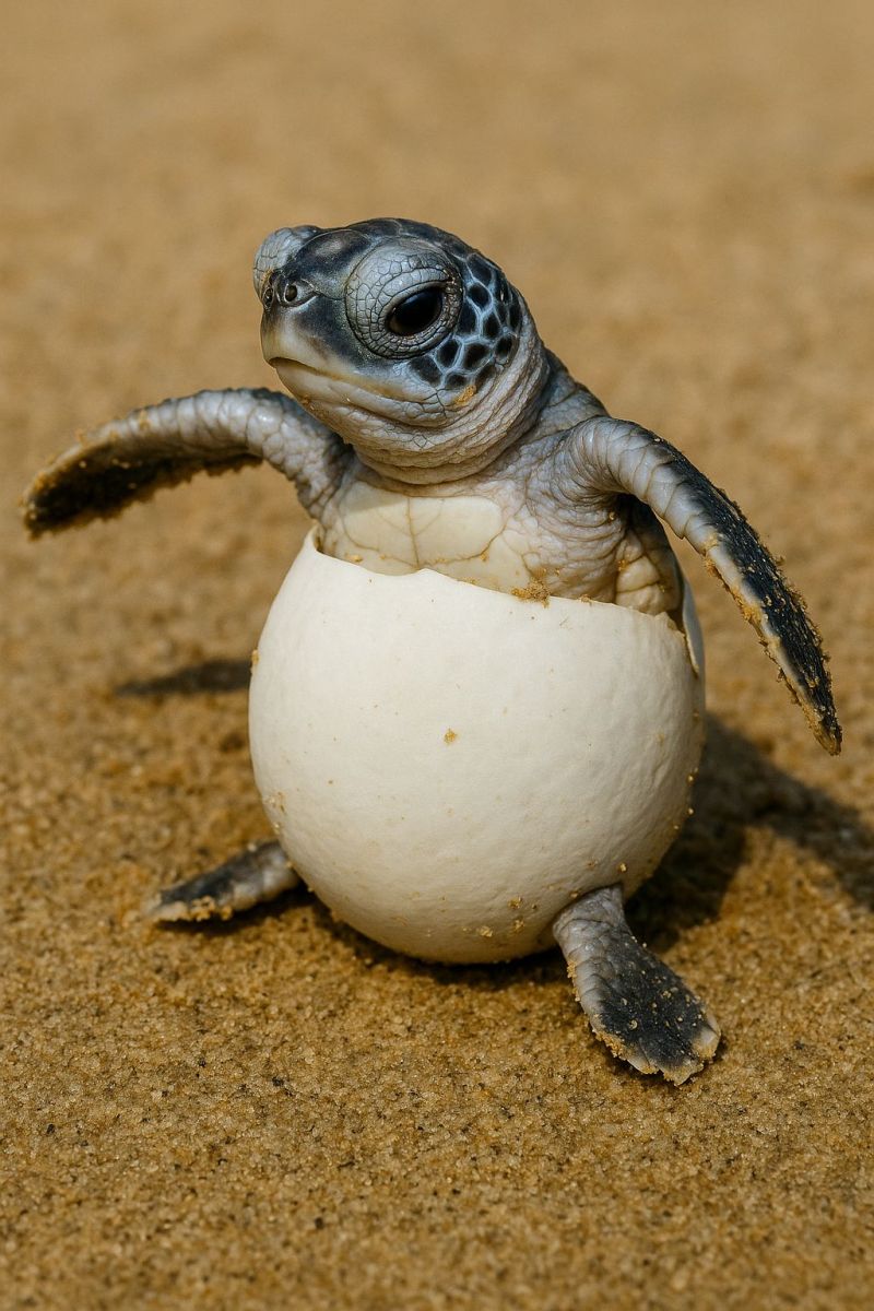 Turtle hatchling egg hatching beach sand wildlife nature animal reptile conservation ocean sea shell paw paws pawing marine life A baby sea turtle is just out of its egg on a sandy beach. The turtle has a small, round head with a beak and large, expressive eyes. Its tiny flippers are spread out, and it looks like it's about to take its first steps. The turtle's shell is still soft and white, with some brown spots. The sand around the turtle is fine and golden, and there are tiny footprints in the sand. The turtle's shadow falls on the sand, and the light is bright, casting a warm glow on the scene.