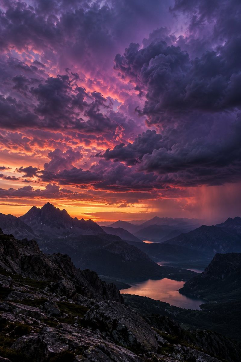 Mountains lake sky sunset clouds nature water reflection rocks hills valley trees forest horizon colorful dramatic beauty scenery mountain range The image captures a breathtaking sunset over a mountainous landscape. The sky is a dramatic mix of deep purples and pinks, with large, billowing clouds casting shadows over the peaks. The sun is setting on the horizon, casting a warm, golden light that reflects off the water of a serene lake nestled between the mountains. The mountains are rugged and steep, with a variety of textures and shades of green and brown. The scene is framed by a rocky outcrop on the left, adding depth and perspective to the composition.