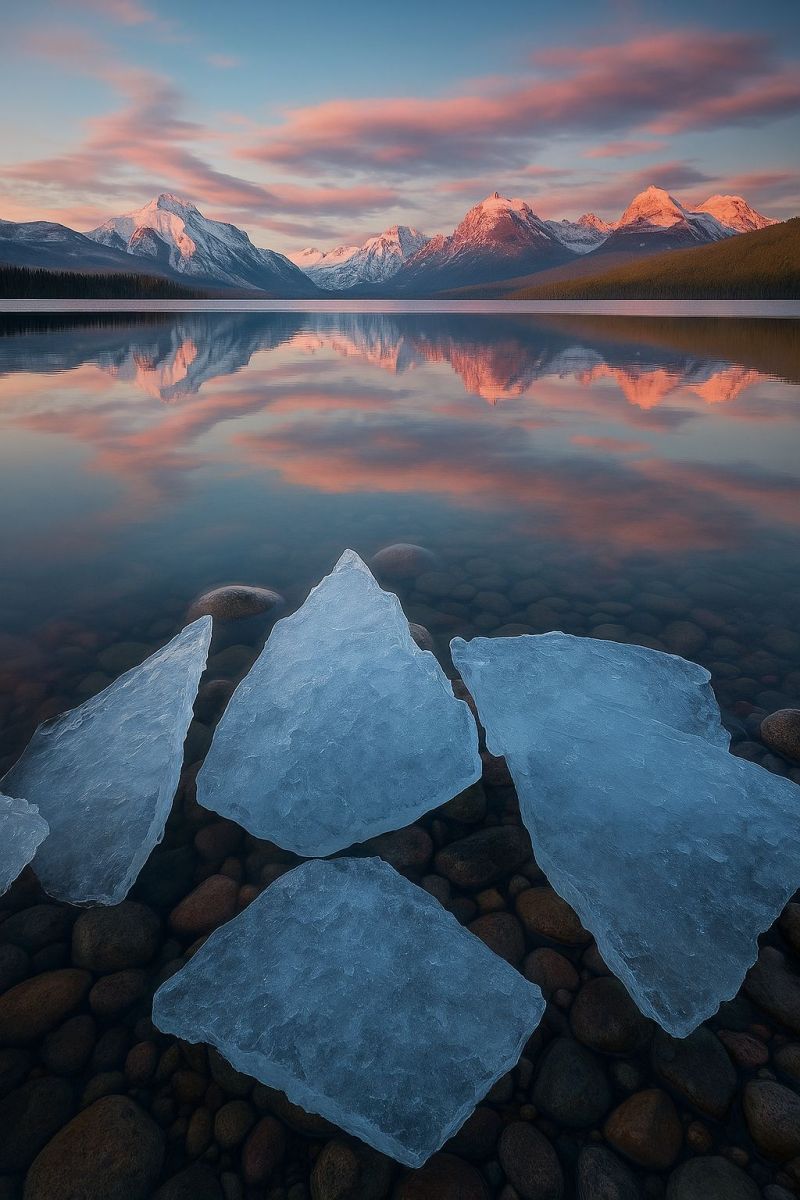Lake ice mountains sunset reflection water sky clouds rocks nature outdoors winter cold freezing crystals geology scenery beauty serene lake with a clear blue sky above. The lake is calm, and its surface reflects the sky and surrounding mountains. In the foreground, there are several large, irregularly shaped pieces of ice resting on the rocky shore. The mountains in the background are snow-capped and appear to be part of a mountain range. The sky is a mix of blue and pink hues, suggesting either a sunrise or sunset. The overall scene is peaceful and picturesque, with the natural beauty of the landscape on full display.