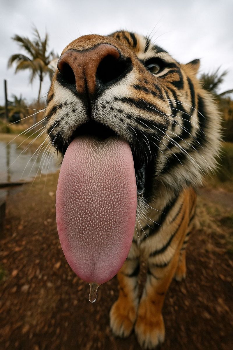 Tigre animal faune sauvage mammifere felin conservation jungle habitat predateur rayures fourrure pattes griffes canin crocs oeil nature air grand cha Un gros plan du visage d'un tigre avec sa langue dehors, montrant une vue détaillée de la langue rose et texturée et des dents blanches et aiguisées du tigre. Les yeux du tigre sont vigilants et concentrés, et ses moustaches sont visibles. L'arrière-plan présente une vue floue d'un plan d'eau et de verdure, avec un ciel nuageux au-dessus.