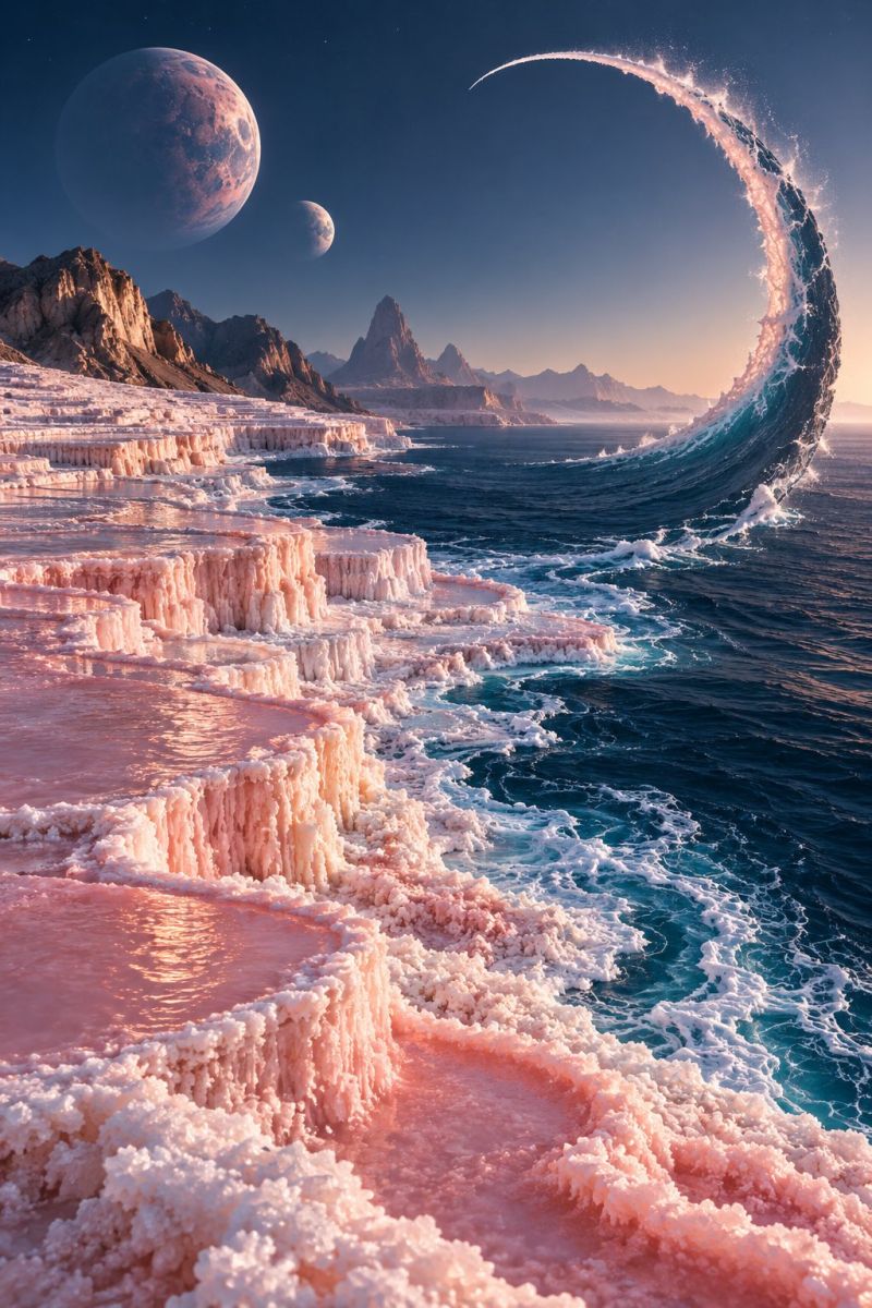 Ocean water sea wave mountain rock sky planet space moon sunset reflection nature A dramatic scene featuring a large wave crashing against a pink, rocky shoreline. The wave is large and white, with water splashing up into the air. The shoreline is composed of pink, jagged rocks that resemble salt formations. In the background, there are mountains and a large planet visible in the sky, with a smaller moon nearby. The sky is a deep blue, with hints of orange and pink from the setting sun.