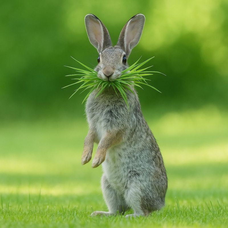 Lapin herbe animal nature faune air prairie herbivore mammifere fourrure oreilles pattes griffes manger vert soleil ombre mignon Un lapin est assis sur le sol herbeux, tenant un bouquet d'herbe verte dans sa bouche. Le lapin a un corps pelucheux avec un mélange de fourrure brune et blanche. Ses oreilles sont longues et dressées, et ses yeux sont brillants et vigilants. Les pattes avant du lapin sont levées, et il semble poser pour une photo. L'arrière-plan est un champ vert flou, suggérant une journée ensoleillée.