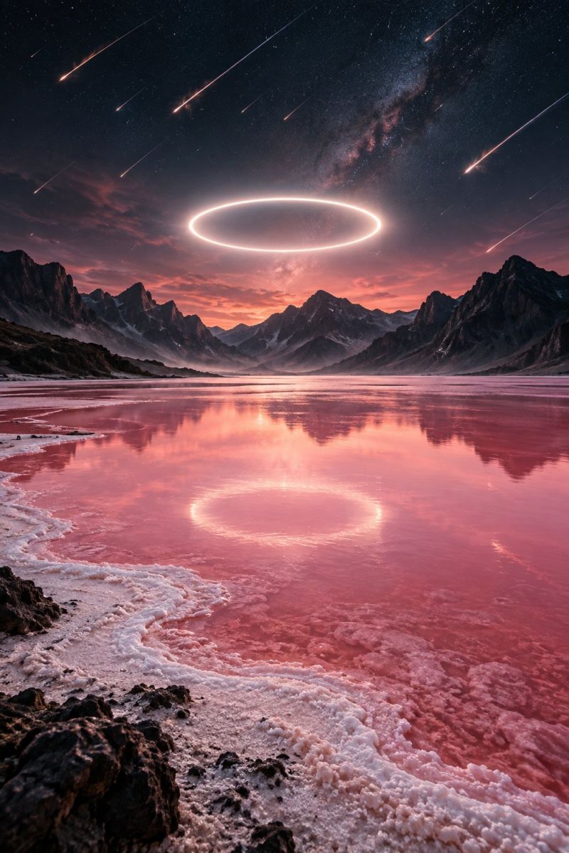 Nuit ciel lac montagne eau reflet coucher soleil horizon nuage rocher mer nature air beaute paysage serein et surnaturel au coucher du soleil. Au premier plan, il y a une grande étendue d'eau peu profonde avec une teinte rosée, probablement un lac salé, reflétant le ciel et les montagnes environnantes. La surface de l'eau est parsemée de dépôts de sel blanc et les bords du lac sont bordés d'un terrain rocheux sombre. Au-dessus du lac, un grand objet circulaire brillant, ressemblant à un halo, est suspendu dans les airs, projetant une douce lumière sur l'eau en contrebas. Le ciel est d'un bleu profond, passant à un orange chaud près de l'horizon, avec des traînées de lumière provenant de météores ou d'étoiles filantes visibles. À l'arrière-plan, une chaîne de montagnes escarpées et enneigées s'étend à l'horizon, leurs sommets se découpant sur le ciel éclatant.