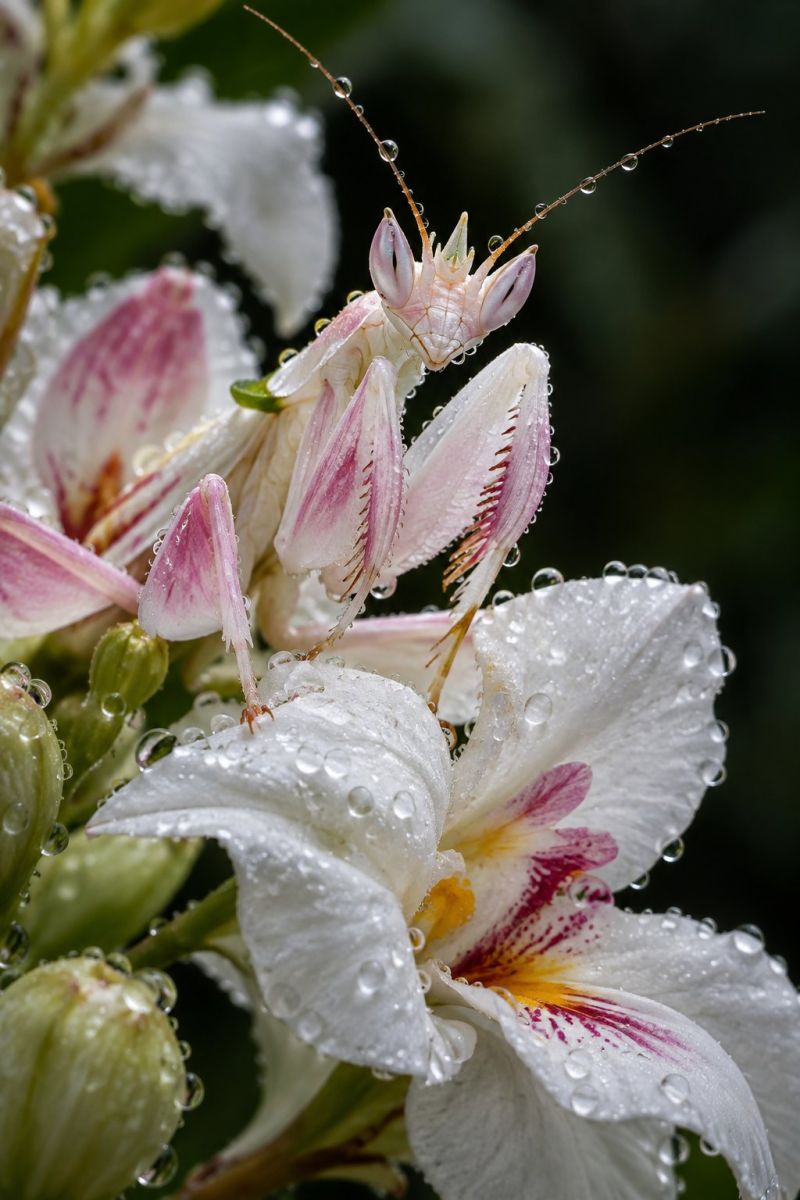 Insecte fleur mante priere pluie eau petales macro nature faune gros jardin vert rose jaune tige bourgeon feuillage Un gros plan d'une mante religieuse perchée sur une fleur blanche aux accents roses. La mante possède de longues antennes fines et un corps rose aux ailes blanches. La fleur a un centre jaune et des rayures roses et est recouverte de gouttelettes d'eau. Les pattes de la mante sont positionnées sur les pétales de la fleur et sa tête est tournée vers la droite. L'arrière-plan est flou, avec des feuilles vertes et une zone sombre.