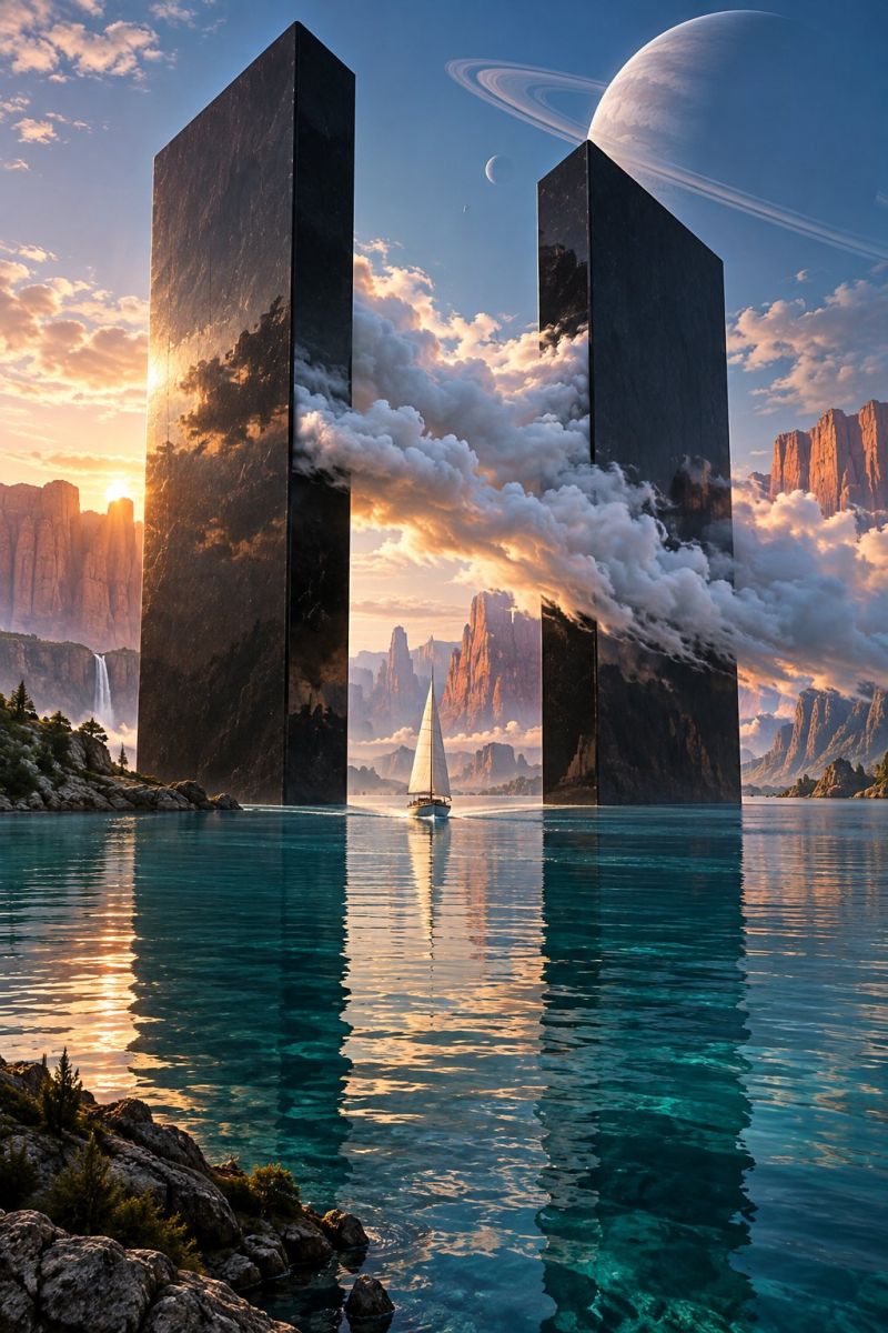 Sky cloud water mountain rock sun sunlight reflection boat sail sea ocean horizon sunset clouds waterfall trees forest In the foreground, two massive, dark, rectangular structures stand tall, reflecting the sky and clouds above. Between these structures, a sailboat with a white sail glides through the calm, clear waters. The water is a deep blue, mirroring the sky and the surrounding landscape. Behind the structures, a waterfall cascades down a rocky cliff, adding to the serene atmosphere. The sky is a mix of blue and orange hues, with a large planet and its rings visible in the distance, creating a surreal and otherworldly backdrop.