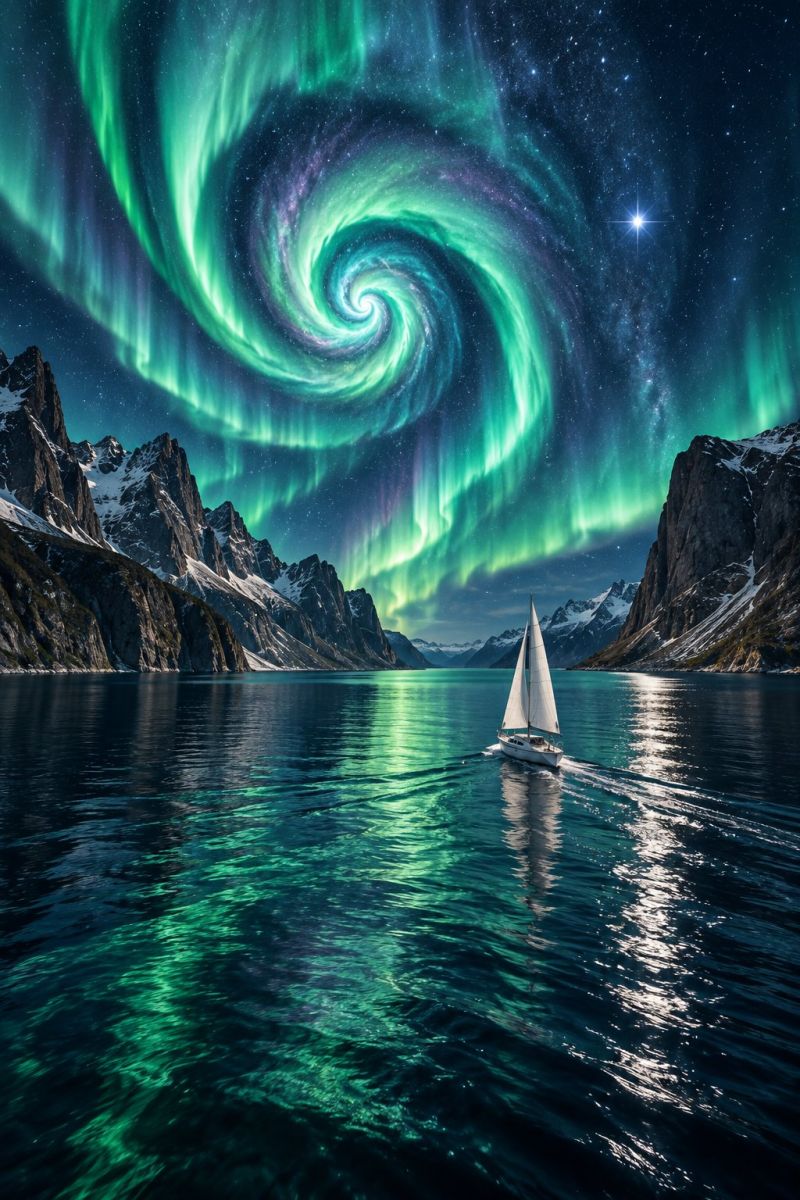 Fjord montagnes eau reflet bateau voile vert etoiles nature voyages aventure air aurores boreales nord nuit ciel Un voilier survole une mer bleu foncé sereine sous un ciel nocturne rempli d'aurores boréales vertes et violettes éclatantes. Les aurores boréales forment un motif en spirale, créant un spectacle céleste fascinant. La mer reflète les lumières du ciel, ajoutant une touche de vert à l'eau. À l'arrière-plan, des montagnes escarpées aux sommets enneigés encadrent la scène, leurs silhouettes contrastant avec le ciel rougeoyant. L'atmosphère générale est tranquille et magique, le reflet du bateau ajoutant à la beauté sereine de la nuit.