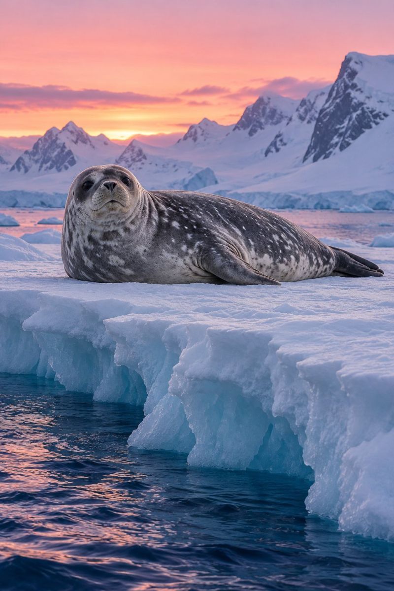 Seal ice ocean wildlife nature animal sunset polar iceberg mountains sky water reflection cold snow glacier outdoors A seal lies on a large ice floe in the ocean, its fur speckled with white spots. The ice floe is partially submerged in the water, with a portion of it above the surface. The seal looks directly at the camera, its eyes reflecting the soft light of the setting sun. In the background, a range of snow-covered mountains stretches across the horizon, with the sky painted in hues of orange and pink from the sunset. The water is calm, with gentle ripples reflecting the colors of the sky.