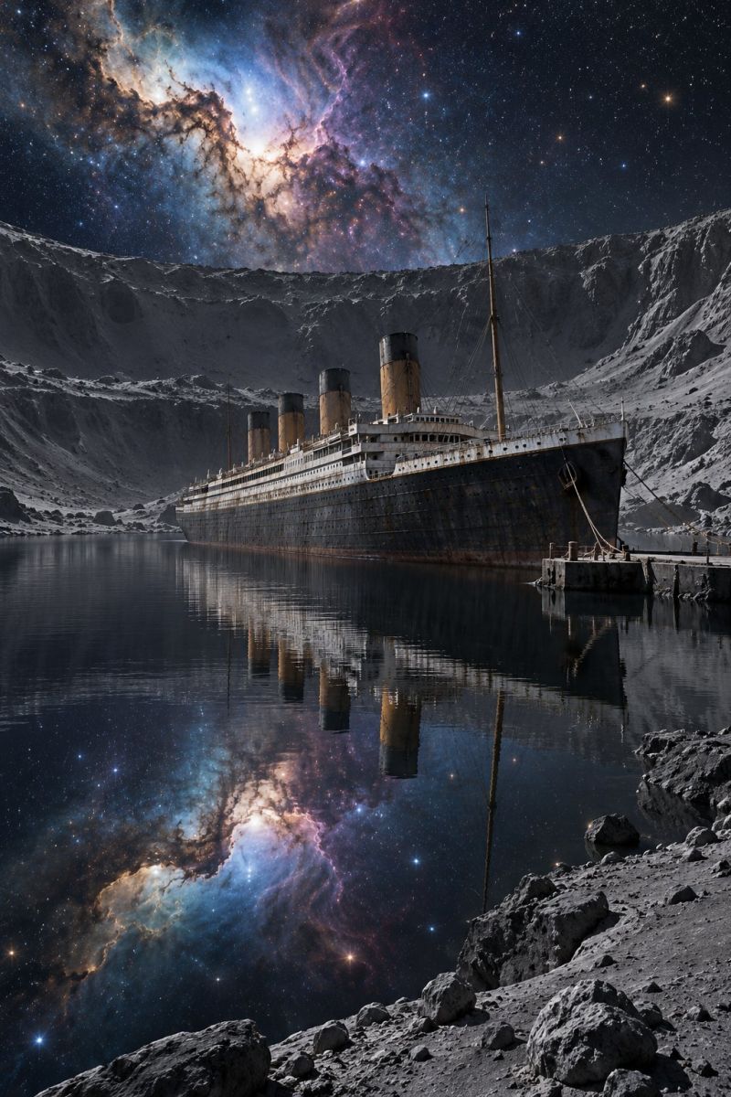 Navire ocean ciel nuit espace eau reflexion le RMS Titanic, un navire emblématique, flottant dans un cadre serein et surnaturel. Le navire est placé au centre de l'image et son reflet se reflète parfaitement dans l'eau calme qui se trouve en contrebas. Le Titanic semble vieilli et patiné, et sa structure autrefois grandiose présente aujourd'hui des signes de rouille et de pourriture. Les quatre grandes cheminées du navire sont bien visibles, ce qui ajoute à sa présence majestueuse et mélancolique. L'arrière-plan présente un paysage cosmique époustouflant, avec une galaxie tourbillonnant dans des couleurs vibrantes de bleu, de violet et d'or. Le ciel est rempli d'innombrables étoiles, créant un sentiment d'immensité et de mystère. Un terrain rocheux entoure le navire, avec des rochers éparpillés et un petit quai qui s'étend dans l'eau. La scène d'ensemble évoque un sentiment d'intemporalité et d'émerveillement, mêlant l'importance historique du Titanic à la beauté impressionnante de l'univers.