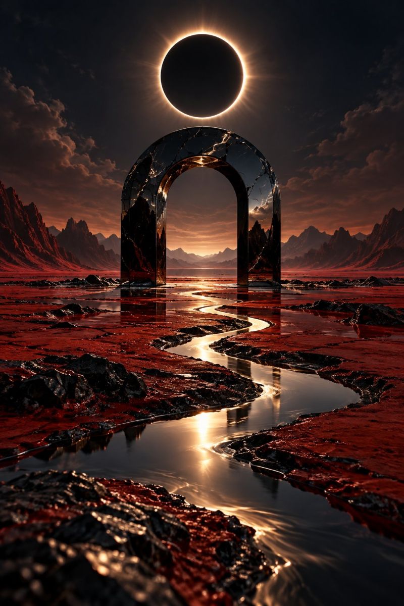 Arche pont sombre desert eclipse fantastique fictif lueur brillant horizon imaginaire lac montagne nuit reflet riviere rocher coucher soleil dore heur Au centre de l'image se trouve un grand arc circulaire fait d'un matériau métallique réfléchissant. L'arche se dresse sur un paysage rocheux rouge traversé par un étroit jet d'eau. L'eau reflète la voûte et le ciel au-dessus. Le ciel est sombre, avec un objet circulaire brillant qui semble être le soleil, partiellement masqué par un objet circulaire sombre, probablement la lune. Le paysage est entouré de montagnes et la scène générale dégage une atmosphère surréaliste et surnaturelle.