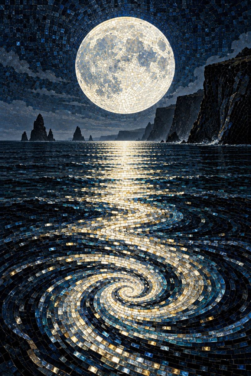 Mosaique lune nuit ciel eau reflexion vagues carreaux design texture geometrique nature beaute grande lune pleine composée de carreaux de mosaïque complexes, créant un effet chatoyant. La lune a pour toile de fond un ciel nocturne rempli d'étoiles et de nuages. Sous la lune, il y a un vaste océan dont les vagues sont représentées dans un motif en spirale, composé de carreaux bleus et dorés. L'océan s'étend vers l'horizon, où l'on peut admirer des falaises abruptes et de petites îles, également ornées de mosaïques. L'ensemble de la scène est baigné d'une lumière douce et éthérée qui confère à l'image un aspect onirique.