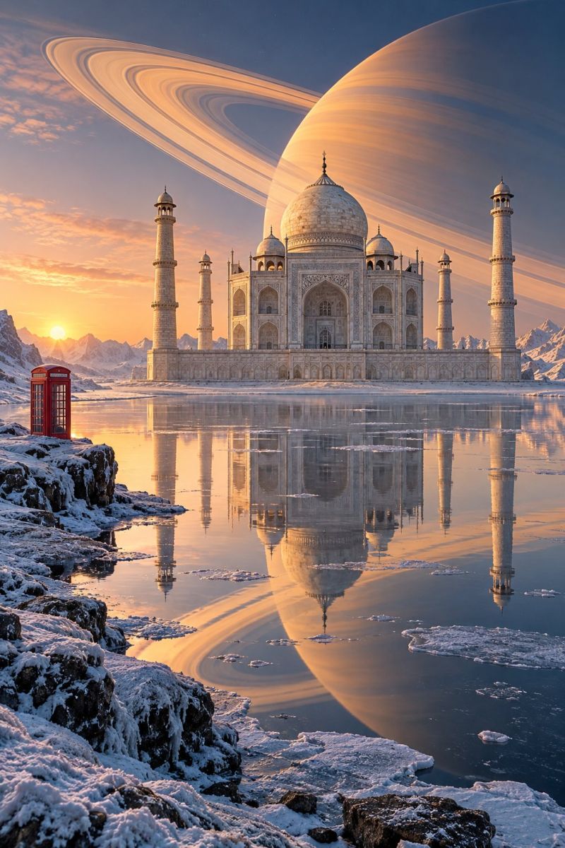 Architecture building classical temple The image features the iconic Taj Mahal, a white marble mausoleum, set against a back of a snowy landscape. The Taj Mahal is reflected in a calm body of water, creating a mirror image of the structure. The sky is a mix of orange and blue hues, suggesting either a sunrise or sunset. In the sky, there is a large, ringed planet, possibly Saturn, adding a surreal element to the scene. The foreground includes a red telephone booth, adding a touch of modernity to the historical setting. The overall atmosphere is serene and picturesque, blending natural beauty with architectural grandeur.