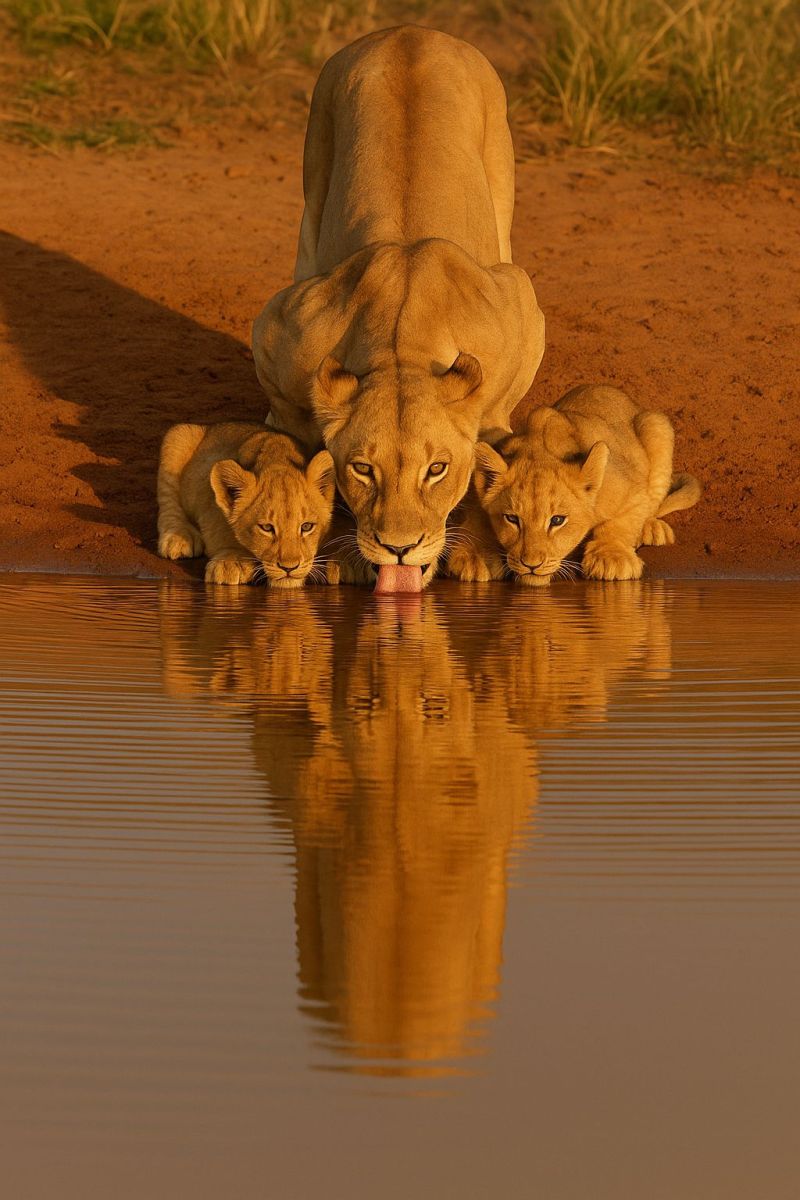 Lion lionceau faune nature safari animal mammifere predateur sauvage conservation habitat soleil reflet eau boire famille mere air Une lionne se tient droite et fière sur un sol sec et poussiéreux près d'un point d'eau. Sa fourrure est d'un brun doré riche, et elle a une expression douce et protectrice. Elle est accompagnée de deux jeunes lionceaux, qui boivent avec impatience au point d'eau. Les lionceaux sont plus petits, avec une fourrure plus claire et des expressions curieuses et espiègles. L'ombre de la lionne est projetée sur le sol, et son reflet, ainsi que celui des lionceaux, est visible dans l'eau. La scène se déroule dans un environnement naturel et sauvage, avec une végétation clairsemée en arrière-plan.