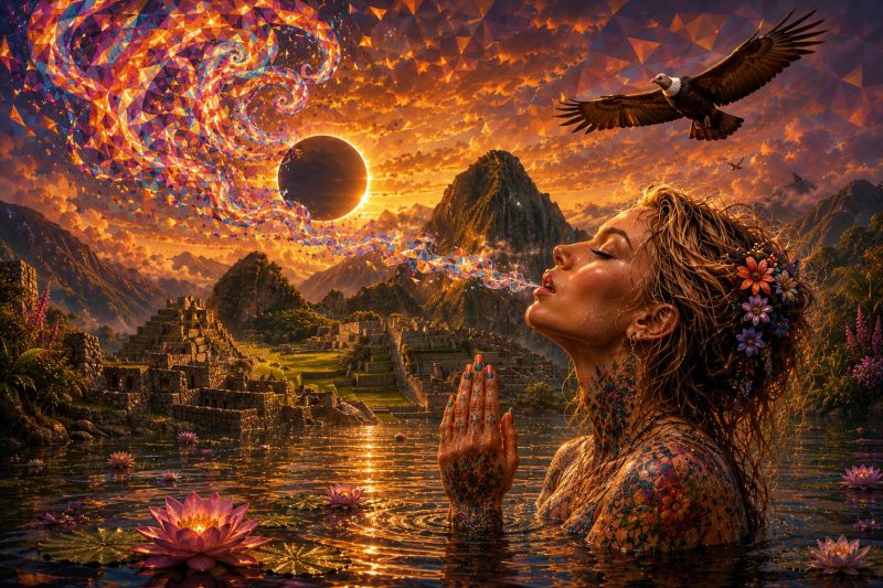 Femme eau fleurs aigle montagnes temple soleil ciel coucher reflexion tatouages priere nature fantaisie geometrique inspiration Une femme aux cheveux longs et flottants, couverte de nombreux tatouages, est immergée dans un corps d'eau serein, peut-être un lac ou une rivière. Elle regarde vers le haut, les mains jointes dans une position de prière. L'eau est calme, avec des nénuphars flottant à la surface. Derrière elle, un majestueux aigle plane dans le ciel, les ailes largement déployées. Le ciel est un mélange vibrant de teintes orange et roses, avec une grande planète sombre visible au loin, peut-être pendant une éclipse solaire. En arrière-plan, il y a des ruines anciennes, peut-être un temple ou une ville, entourées de verdure luxuriante et de montagnes. La scène globale est mystique et sereine, avec un sentiment d'harmonie entre la nature et la femme.
