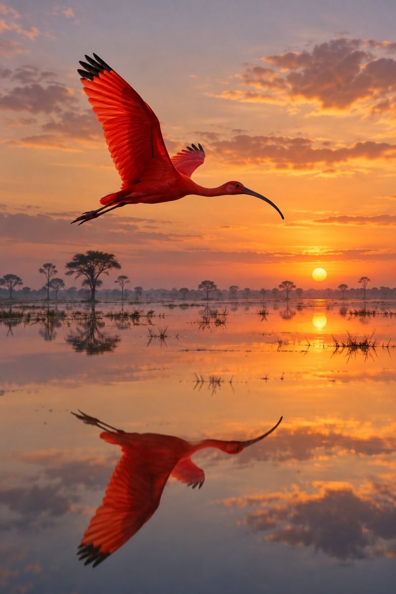 Bird flamingo flight sunset reflection water sky nature wildlife wetland clouds trees horizon evening A vibrant red bird with long legs and a long, curved beak is soaring gracefully above a serene body of water. The bird's wings are spread wide, and its shadow is reflected on the water's surface. The sky is painted with warm hues of orange and pink, indicating the setting sun. In the background, there are silhouettes of trees and a distant sun, creating a picturesque scene of nature's beauty.