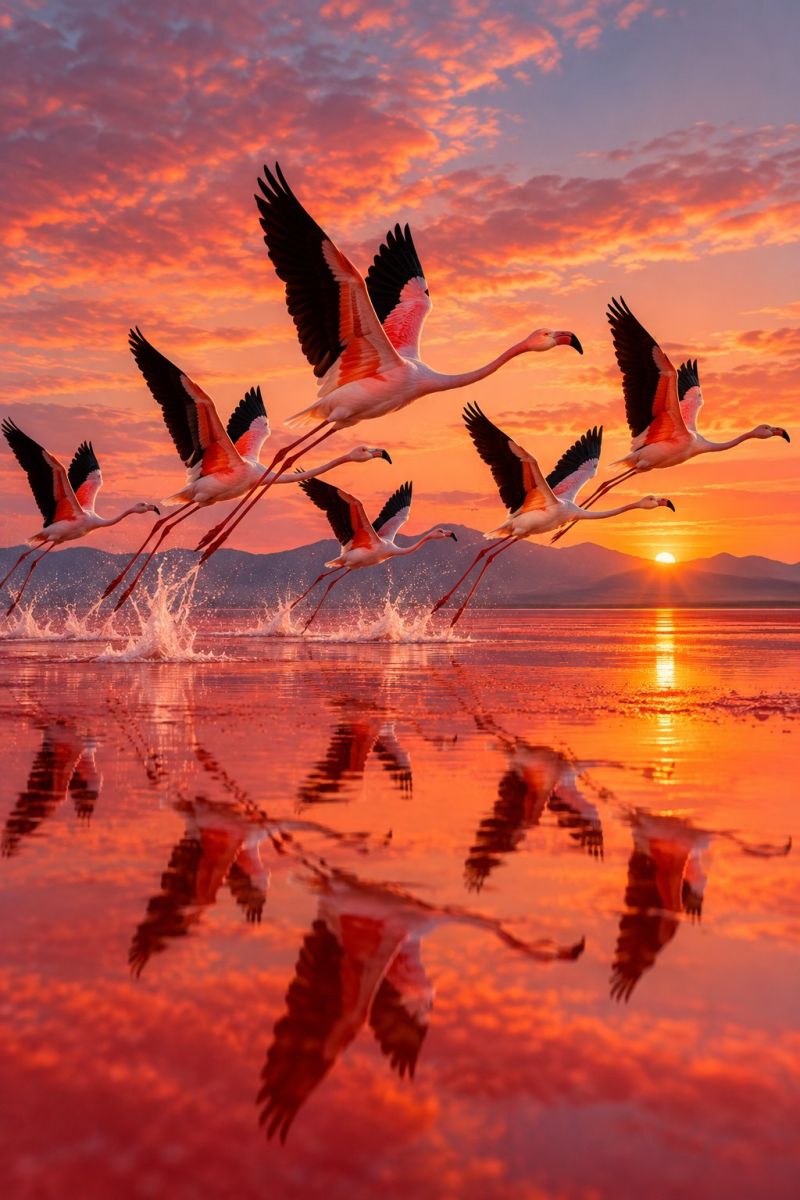 Flamant rose coucher soleil eau ciel reflet oiseau faune nature lac vol migration horizon nuages montagnes oiseaux aquatiques soiree Un groupe de flamants roses survole un plan d'eau, probablement un lac, au coucher du soleil. Les flamants roses occupent différentes positions, certaines ailes étant déployées et d'autres en plein vol. L'eau reflète les flamants roses et le ciel, créant un effet miroir. Le ciel est un mélange de teintes orange et rose, indiquant le soleil couchant. Au loin, il y a des montagnes et le soleil se couche derrière elles, projetant une lueur chaleureuse sur la scène.