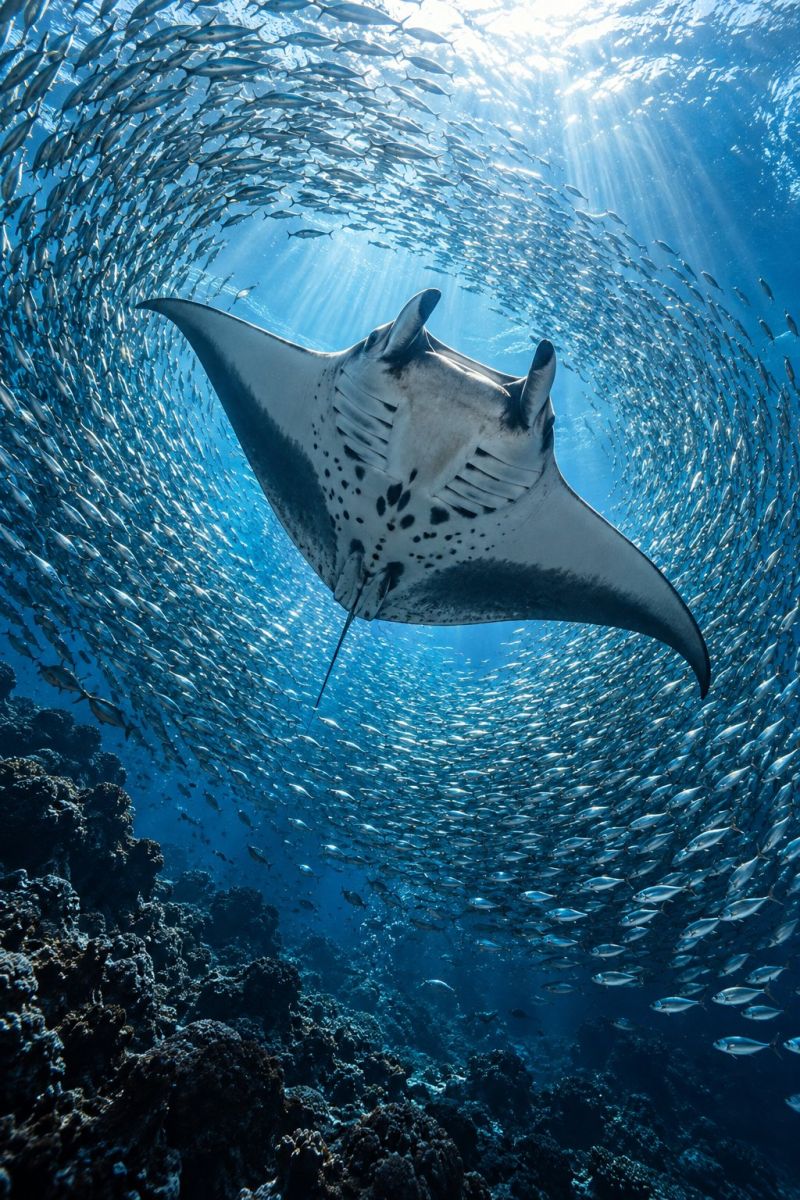 Ocean poisson sous marin baignade mer faune nature aquatique corail recif soleil manta raie milieu vie plongee marine ecole profondeur Une grande raie manta arborant un motif blanc et noir distinctif sur ses ailes nage gracieusement à travers un banc dense de poissons argentés. L'eau est d'un bleu clair et la lumière du soleil filtre à travers, créant une scène sous-marine sereine. Les ailes de la raie manta sont largement déployées et son corps est profilé et se déplace doucement dans l'eau. Les poissons qui l'entourent sont serrés, créant un arrière-plan dynamique et vivant. Le récif corallien est visible au premier plan, avec des formes et des textures variées.