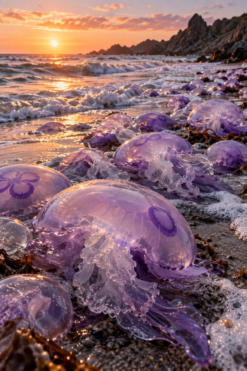 Meduse plage mer ocean coucher soleil violet marin nature algues roche eau rivage vague Sur une plage, de nombreuses méduses violettes translucides sont éparpillées le long du rivage. Leurs corps en forme de cloche et leurs longs tentacules traînants sont visibles sur le sable mouillé. Les méduses sont dans différentes positions, certaines debout et d'autres couchées sur le côté. La plage est illuminée par le soleil couchant et diffuse une lumière chaude et dorée qui met en valeur les structures délicates des méduses. L'eau en arrière-plan est calme, avec de douces vagues qui clapotent le rivage. Le ciel au-dessus est un mélange de teintes orange et rose, indiquant le coucher du soleil. Le sable est humide et parsemé de petits rochers et d'algues marines, ce qui contribue au cadre naturel.