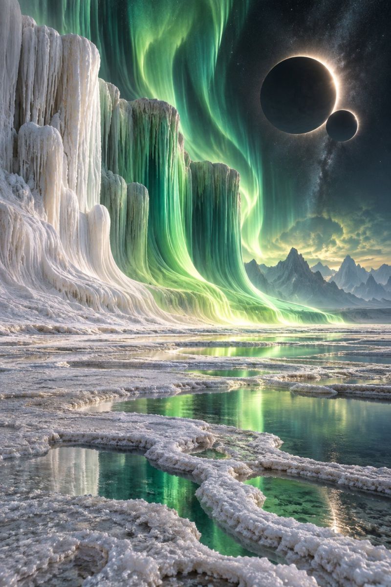 Glace eau montagne ciel nuage roche aurore planete eclipse reflexion nuit espace etoile galaxie univers hiver froid paysage surréaliste avec une grande falaise glacée sur le côté gauche, ornée de formations de glace complexes. La falaise est illuminée par une lumière verte éclatante, probablement due à une aurore boréale, qui projette une lueur mystique. Au premier plan, il y a un plan d'eau dont les ondulations reflètent la lumière verte, créant un effet chatoyant. Le ciel est sombre et deux grosses planètes sont visibles, l'une partiellement éclipsée par l'autre. L'arrière-plan présente un terrain montagneux avec des sommets enneigés, ce qui ajoute à l'atmosphère hivernale. La scène globale combine des éléments de nature et de fantaisie, créant une vue époustouflante et surnaturelle.