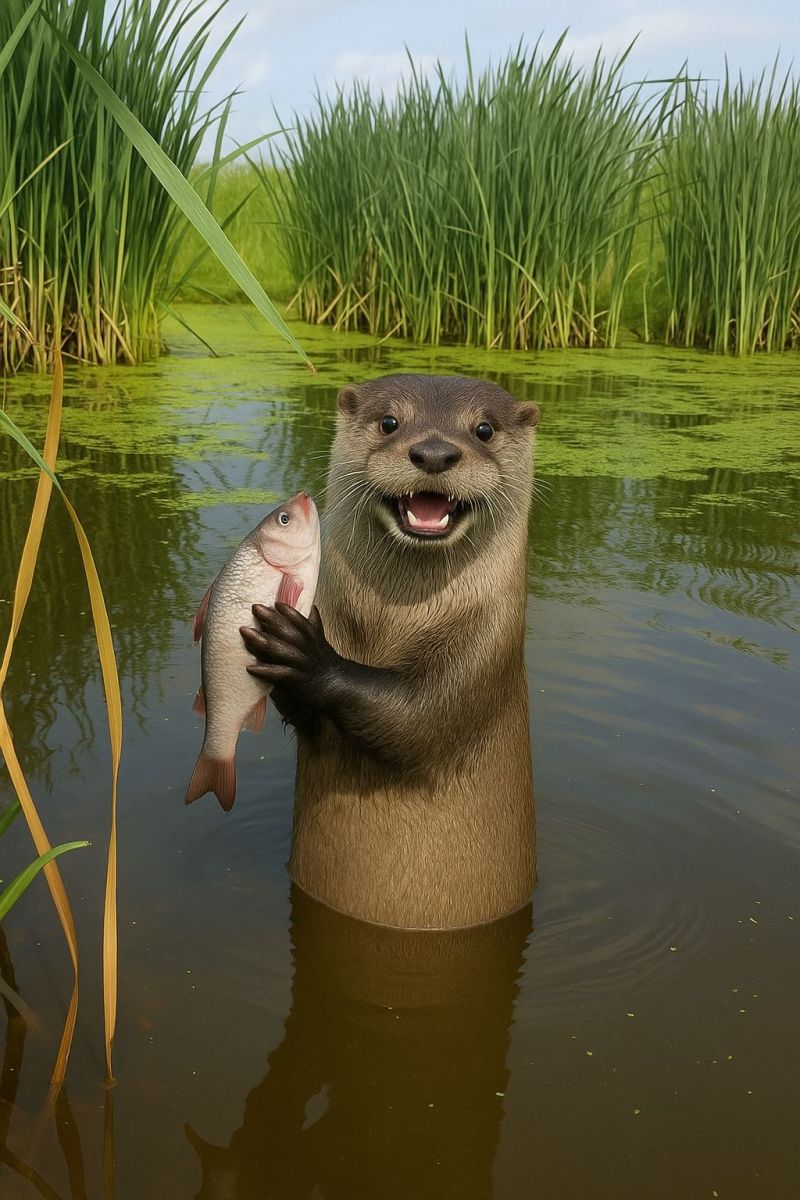 Ragon poisson eau zone humide faune nature animal mammifere riviere lac etang habitat predateur proie aquatique ecosysteme carnivore nage chasse stati Une loutre se tient dans un plan d'eau peu profond, tenant un poisson dans ses pattes avant. La loutre a un corps brun et lisse avec un ventre plus clair, et son visage est expressif avec un large sourire dentu. L'eau est calme et reflète l'ombre de la loutre. Derrière la loutre, de hautes roseaux verts et des herbes entourent l'eau, avec quelques taches d'algues vertes visibles à la surface de l'eau. Le ciel au-dessus est clair et bleu.