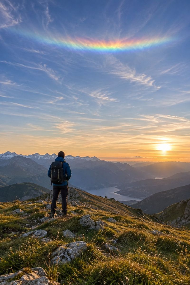 Mountain sky cloud sunset horizon sun backpack grass rock hill lake water valley snow clouds mountains cloudy mountainside range A person stands on a grassy mountain peak, wearing a blue jacket, black pants, and a backpack. They gaze at a sunset with a rainbow-like arc in the sky. The sun is setting behind them, casting a warm glow on the distant mountains and a lake below. The sky is a mix of blue and orange hues, with scattered clouds. The mountain range is covered in snow, and the lake reflects the colors of the sunset.