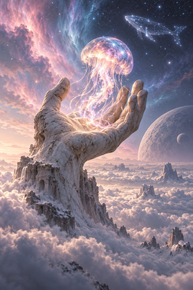 Main ciel nuage montagne planete espace univers fantaisie imagination texture design composition Une main en pierre s'élève des nuages, tenant une méduse rougeoyante aux longs tentacules fluides. Le ciel est rempli d'étoiles et d'une grande planète, avec une lune plus petite à proximité. Le fond présente un mélange de teintes roses et bleues, créant une atmosphère onirique et surréaliste.