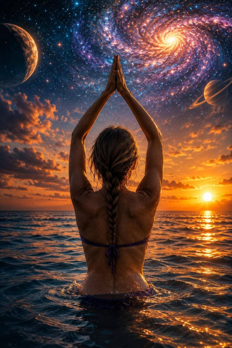 Woman yoga meditation ocean sunset stars galaxy planets water sky clouds nature universe cosmic space astronomy celestial reflection A woman stands in the ocean at sunset, her back to the viewer, with her hands raised in a yoga pose. She has long, braided hair that falls to her waist. The ocean is calm, and the water reflects the warm colors of the sunset. In the sky, there is a vibrant galaxy with swirling colors of purple, blue, and yellow, along with a bright star and a crescent moon. The scene is set against a back of a serene and mystical atmosphere.