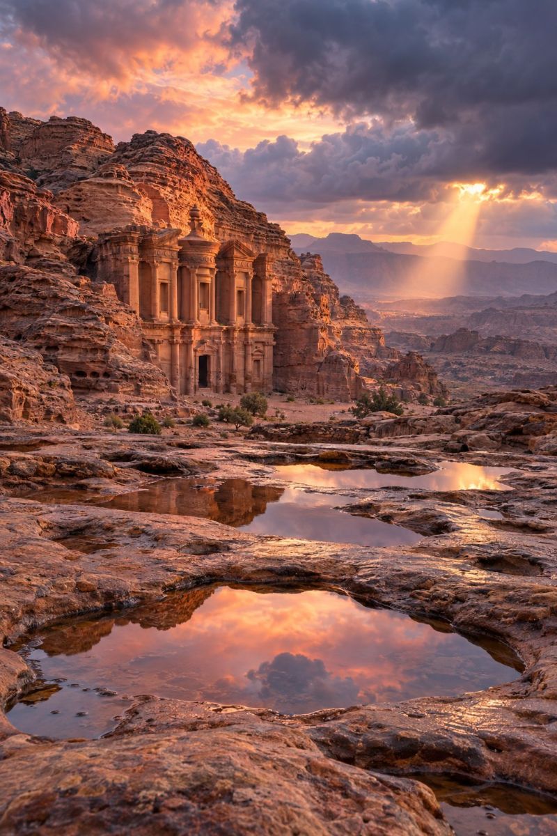 Desert montagne rocher ciel soleil eau architecture batiment nuage nuageux jour nature reflexion coucher voyage formation L'image capture un magnifique paysage désertique au coucher du soleil. Au premier plan, plusieurs petits bassins d'eau reflètent les couleurs vives du ciel. L'eau est claire, ce qui permet au spectateur de voir les reflets des nuages et des roches environnantes. Les roches sont accidentées et de tailles variées, certaines semblant lisses et d'autres dentelées. Le ciel est un mélange d'oranges foncés, de roses et de violets, avec quelques nuages épars qui ajoutent de la texture. À l'arrière-plan, il y a une grande structure ancienne sculptée dans la paroi rocheuse, peut-être un temple ou une tombe. La structure possède une entrée majestueuse et plusieurs fenêtres. Elle est partiellement éclairée par le soleil couchant, projetant de longues ombres sur le paysage. La scène d'ensemble est sereine et majestueuse, les jeux d'ombres et de lumières créant un effet spectaculaire.