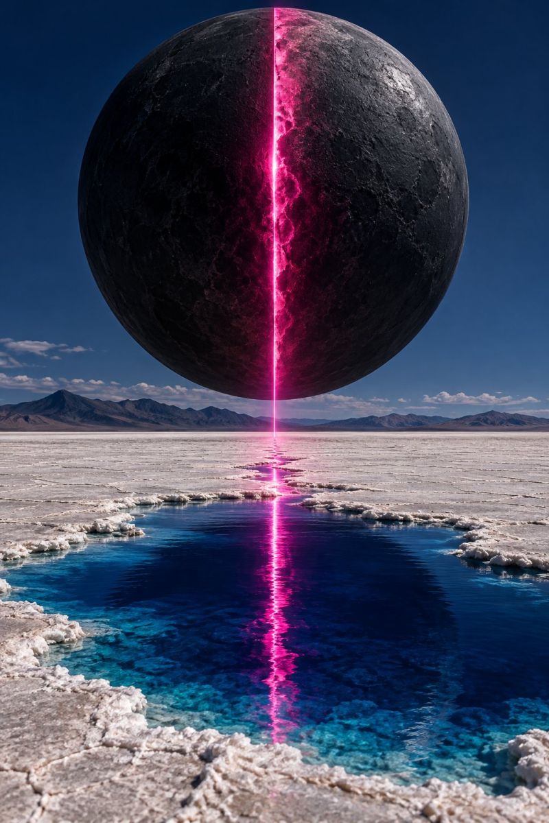Planet moon water lake sky reflection nature space astronomy celestial cosmos universe outer In the center of the image, a large, dark sphere resembling a planet or moon is split in half by a bright, pink line that extends from the top to the bottom. The sphere is floating above a vast, flat, white landscape desert or salt flat. The pink line casts a reflection on the ground below, creating a striking contrast against the dark surface. The sky is a clear, deep blue with a few scattered clouds. In the distance, a range of mountains is visible, adding to the surreal and otherworldly atmosphere of the scene.