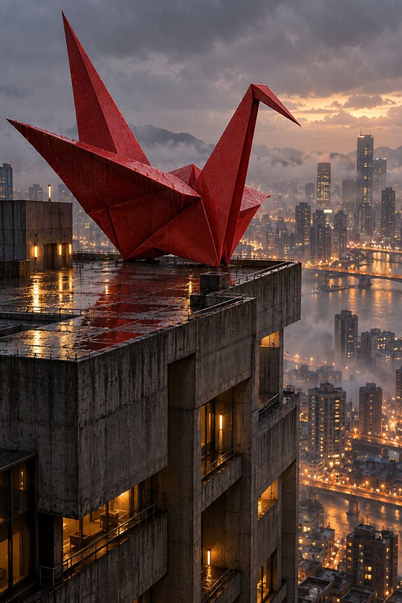 Architecture pont batiment ville urbain nuage nuageux contemporain artiste artistes design sculpture sculptures expressions avez fournis bridge buildi Une grande grue en origami rouge se dresse au sommet d'un bâtiment en béton, ses ailes largement déployées contre un arrière-plan de lignes de ville. La grue est perchée sur un toit qui est humide à cause de la pluie, reflétant les lumières de la ville en contrebas. Le bâtiment a un design moderne et anguleux avec plusieurs étages et fenêtres. Au loin, la ville est illuminée par de nombreuses lumières, avec des immeubles hauts et un pont visibles. Le ciel est couvert, avec des indices d'un coucher ou lever de soleil visibles à travers les nuages.