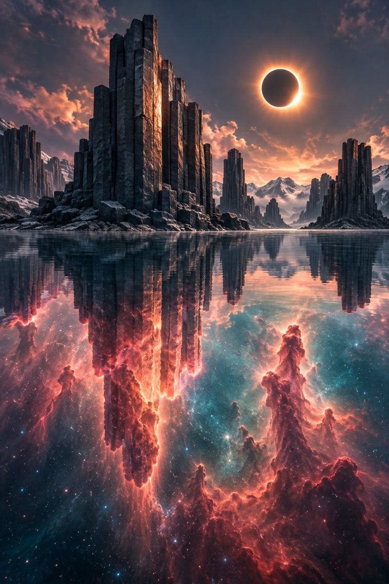 Sky clouds mountains water reflection astronomy nebula stars cosmos universe galaxy celestial cosmic space rock formations solar eclipse outer surreal landscape with towering rock formations that resemble a castle or fortress. These structures are made of dark, jagged rocks and are set against a back of a fiery orange and pink sky, suggesting a sunset or sunrise. The sky is filled with clouds that are illuminated by the setting sun, creating a dramatic and otherworldly atmosphere. In the sky, there is a solar eclipse, where the moon is positioned in front of the sun, creating a ring of fire effect. The landscape is reflected in a body of water below, which adds to the surreal and dreamlike quality of the image. The water is calm and reflects the colors of the sky and the rock formations, creating a mirror-like effect.