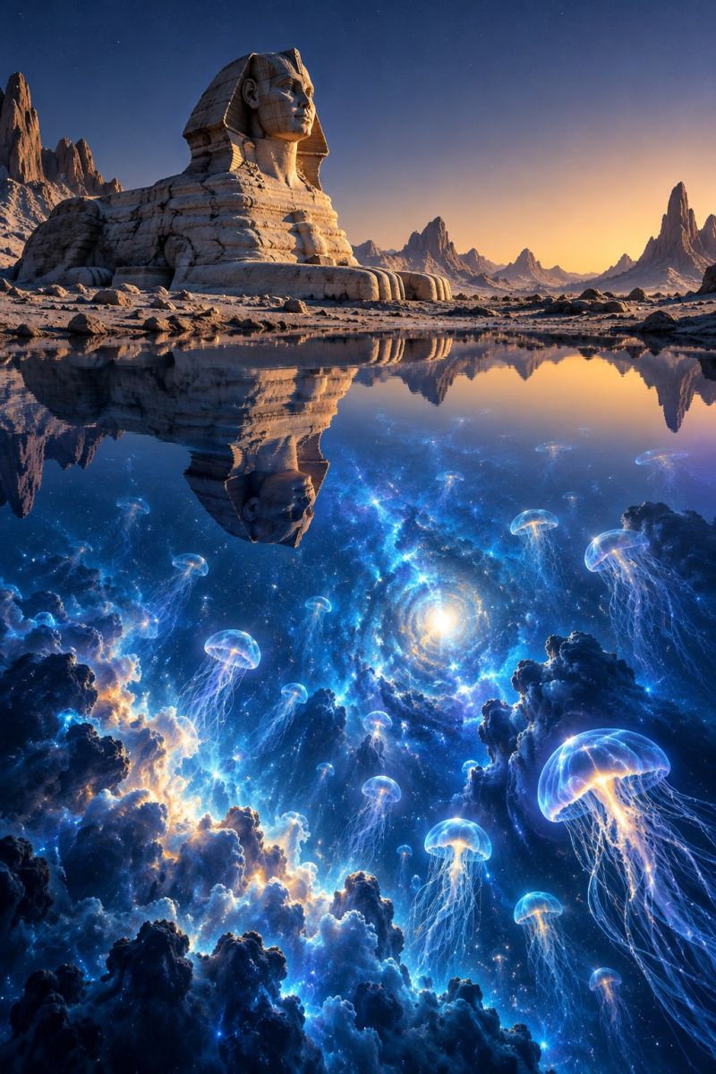 Desert sunset sky clouds mountains rocks sculpture sphinx ancient statue reflection water jellyfish galaxy space stars night surreal landscape with the Great Sphinx of Giza in the foreground, carved from stone and reflecting in a calm, mirror-like body of water. The sky is a mix of orange and blue hues, suggesting either dawn or dusk. The water reflects the Sphinx and the sky, creating a mirrored effect. In the water, there are several jellyfish floating, their translucent bodies glowing softly. The background is a blend of desert terrain and a fantastical, cloud-like atmosphere filled with more jellyfish and a bright, star-like object in the center, possibly a sun or a star. The scene combines elements of ancient Egyptian architecture with a futuristic, otherworldly feel.