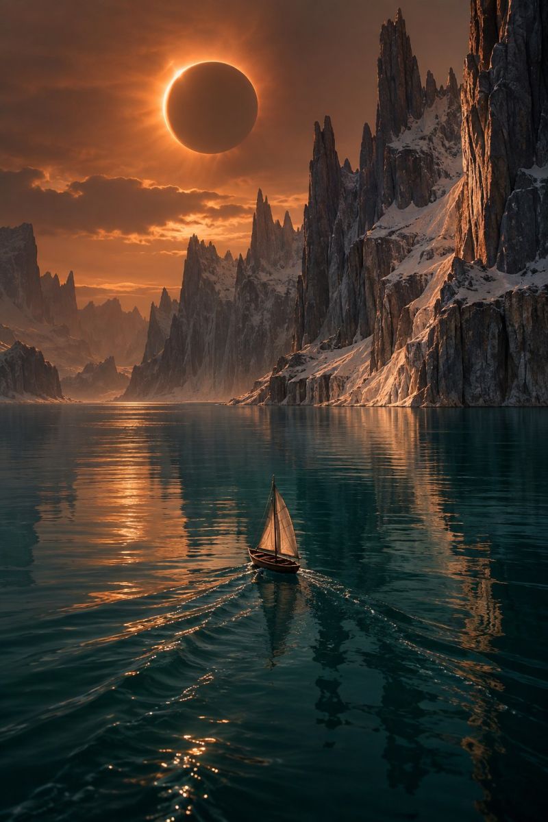 Bateau eau lac montagne ciel soleil coucher reflet nature roche nuage horizon mer ocean colline rocher falaise rivage Une scène sereine représente un petit voilier qui survole un lac bleu foncé calme. Le bateau est positionné au centre, sa voile captant la douce lumière du soleil couchant. Le soleil lui-même est partiellement masqué par une grande silhouette sombre, ce qui crée un effet spectaculaire. Le ciel est un mélange d'oranges et de violets foncés, avec des nuages épars qui ajoutent de la texture. À l'arrière-plan, des montagnes escarpées et enneigées s'élèvent brusquement, leurs sommets captant les derniers rayons du soleil. L'eau reflète les couleurs du ciel et la silhouette du bateau, créant un effet miroir.
