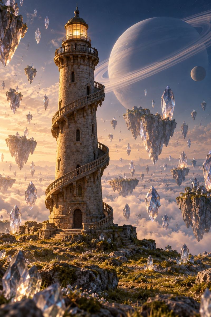 Lighthouse tower spiral crystals floating islands planet rings moon sky clouds sunset fantasy architecture staircase steps rocks grass mountains space In the foreground, there is a tall, spiral lighthouse made of stone, with a glowing light at the top. The lighthouse is surrounded by a rocky landscape with patches of grass and moss. Crystals of various sizes and shapes are scattered around the lighthouse and on the ground. In the background, there is a large planet with rings, and a smaller moon is visible. The sky is a deep blue with scattered stars, and there are floating rock formations with crystals embedded in them.