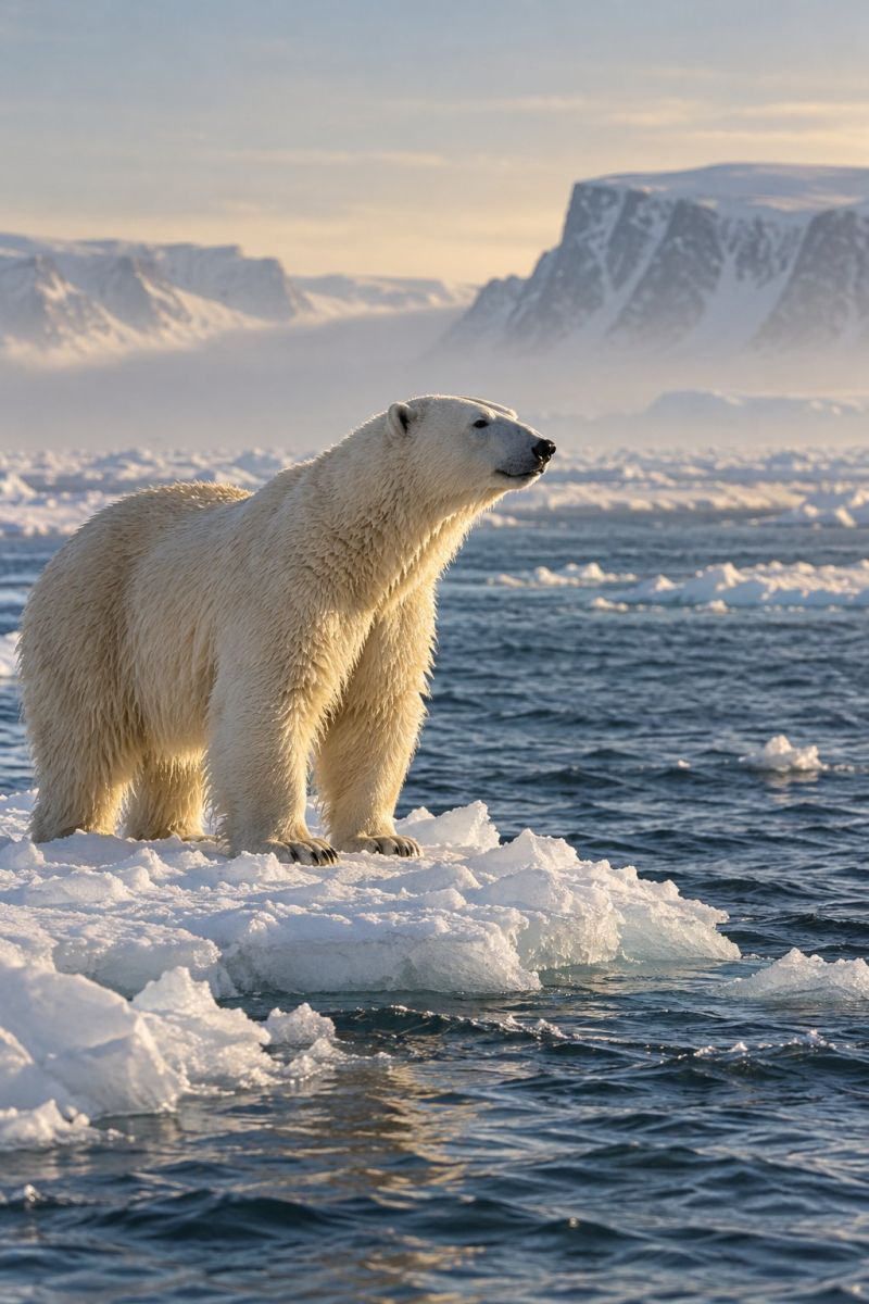 Ice ocean wildlife nature arctic snow mountains sea animal cold habitat exploration adventure conservation polar bear sanctuary protection A polar bear stands on a small piece of ice floating in the Arctic Ocean. The bear is looking to the right, with its head slightly raised. Its fur is thick and white, blending seamlessly with the snowy surroundings. The ocean is calm, with gentle waves and a reflection of the sky. In the background, there are snow-covered mountains, adding to the serene and cold atmosphere of the scene.