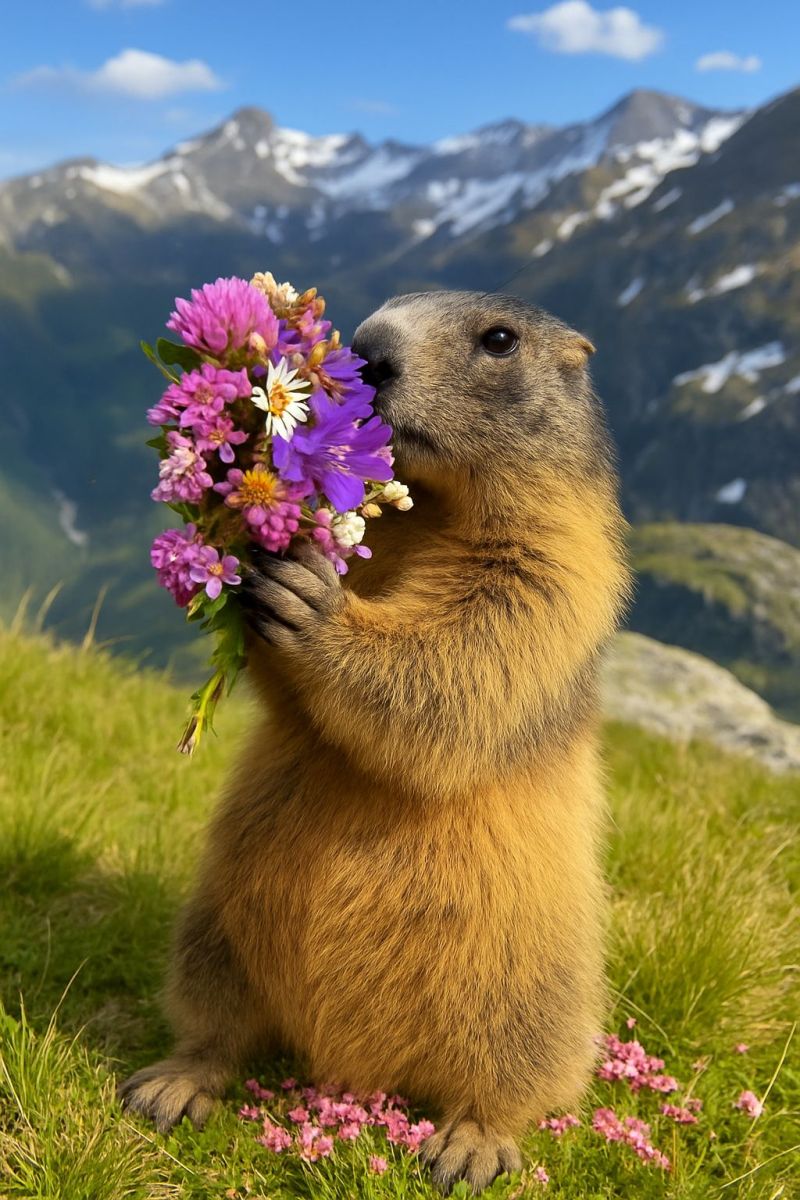 Animal wildlife nature outdoors mountain flower meadow rodent groundhog marmot flora floral design arrangement pattern wallpaper A ground squirrel is sitting on the grassy ground, holding a bouquet of colorful flowers in its paws. The squirrel has a brown fur coat and is looking directly at the camera. The flowers in the bouquet are a mix of pink, purple, and white. The background features a mountain range with snow-capped peaks under a clear blue sky. The ground is covered with lush green grass and scattered with more pink flowers.