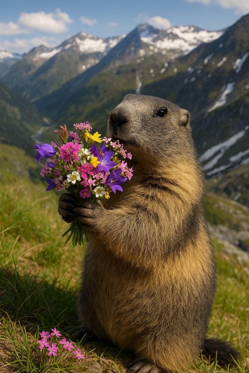 Animal wildlife nature mountain flower groundhog rodent meadow outdoors snow grass rock sky hill valley forest sunlight cloud rocky A marmot, a small, furry mammal, is sitting on the grassy ground in a mountainous area. It is holding a bouquet of colorful flowers in its paws. The flowers are a mix of pink, purple, and yellow. The marmot has a long snout and small, round ears. Behind the marmot, there is a mountain range with snow-capped peaks. The sky is blue with some clouds.