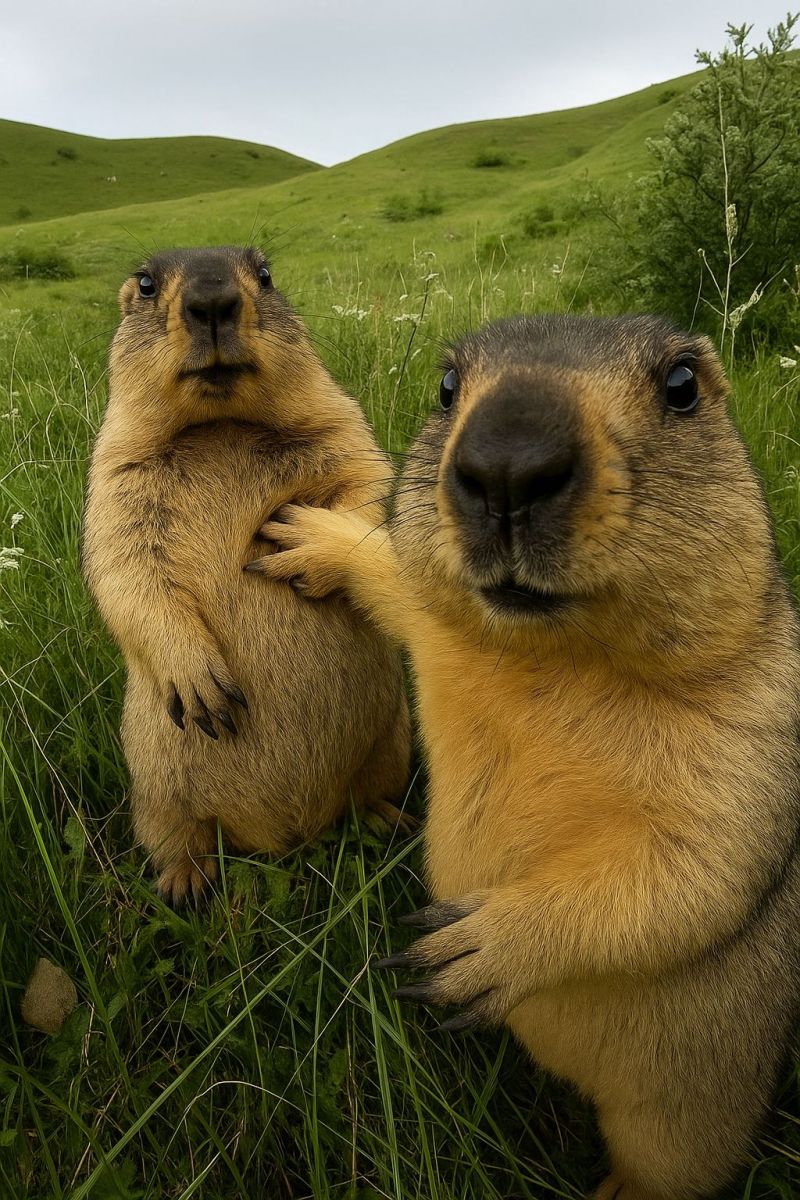 Animal wildlife nature groundhog mammal outdoors grass meadow hill sunlight daytime fur eyes ears paws paw prairie dog Two ground squirrels are standing in a grassy field. The one on the left is sitting on its haunches with its front paws resting on its chest, while the other one is standing on its hind legs, appearing to pose for a photo. Both squirrels have light brown fur, black eyes, and small, pointed ears. The background features a grassy hill with some plants and bushes. The sky is clear and blue.