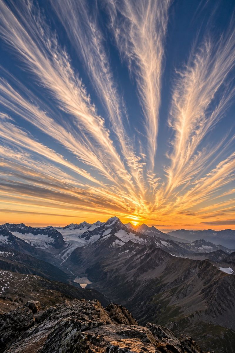 Mountains sky sunset clouds nature horizon valley rocks glacier snow lake peak ridge rocky scenery scenic wilderness mountain range The image captures a breathtaking sunset over a mountainous landscape. The sky is a deep blue, transitioning into warm hues of orange and pink as the sun sets. Wispy, feathery clouds stretch across the sky, illuminated by the setting sun, creating a dramatic and ethereal effect. Below, the mountains are rugged and majestic, with snow-capped peaks and rocky outcrops. The foreground features a rocky terrain with sparse vegetation, leading the eye towards the distant mountains. The overall scene is serene and majestic, with the interplay of light and shadow adding depth and texture to the landscape.