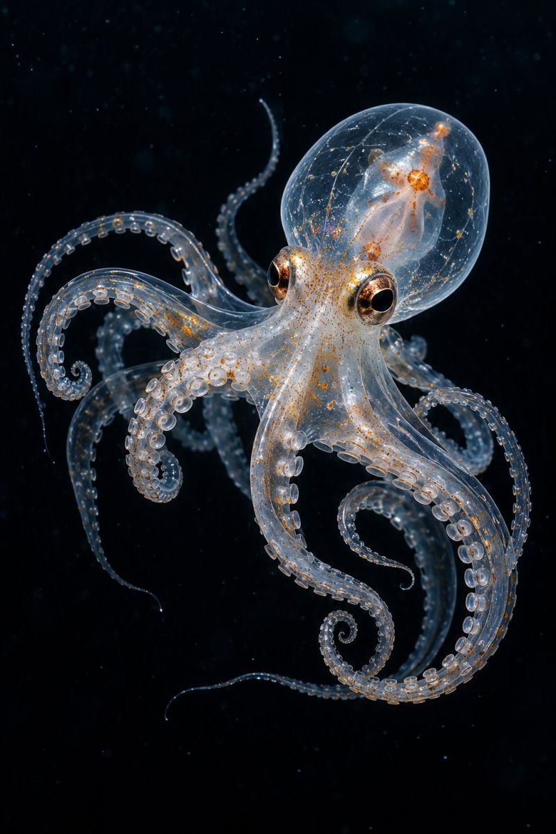 Poulpe cephalopode marin sous transparent mer animal creature nageant tentacules oeil eau bulles reflet ombre créature transparente ressemblant à une méduse flottant dans l'eau sombre. Il a un corps rond et transparent avec une teinte brun doré et une série de petites structures rondes et transparentes ressemblant à des bulles ou à des perles. La créature possède huit longs tentacules fins qui sont également transparents et ont des structures similaires en forme de bulles. Les tentacules sont disposés selon un motif circulaire autour du corps. Les yeux de la créature sont grands et noirs, et elle a une petite tache ronde brun doré sur la tête. L'arrière-plan est sombre et la créature semble flotter dans l'eau.