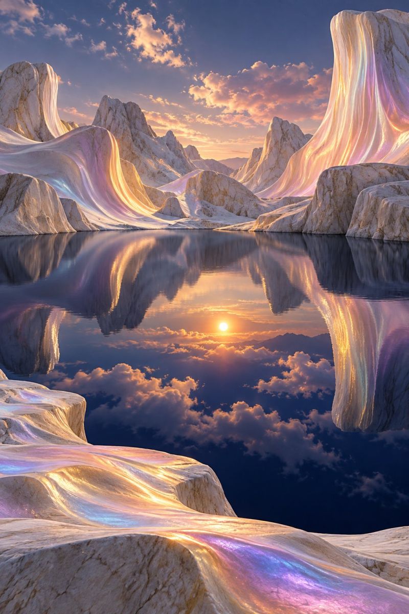 Montagnes coucher soleil ciel reflet eau nuages glace roche nature horizon montagne paysage surréaliste avec de grandes formations de glace lisses et réfléchissantes qui ressemblent presque à des vagues géantes et ondulantes. Les structures de glace sont illuminées par le soleil couchant, projetant une lumière chaude et dorée qui se reflète sur la surface, créant un effet chatoyant. Le ciel au-dessus est un mélange de bleu profond et de rose tendre, indiquant l'heure du coucher du soleil. L'eau en contrebas est calme et reflète le ciel et les formations de glace, améliorant ainsi la qualité réfléchissante de la scène. L'atmosphère générale est sereine et surnaturelle, avec un sentiment de tranquillité et de beauté.