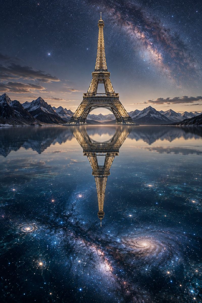 Paris france night reflection water mountains sky stars galaxy clouds sunset architecture landmark travel imagination dream fantasy eiffel tower The image features the Eiffel Tower standing majestically in the center, with its reflection perfectly mirrored on the calm water below. The tower is surrounded by a serene landscape of snow-capped mountains in the background. The sky above is a deep blue, dotted with stars and a striking Milky Way galaxy. The reflection of the Eiffel Tower in the water creates a surreal and almost dreamlike effect, blending the iconic structure with the vastness of space.